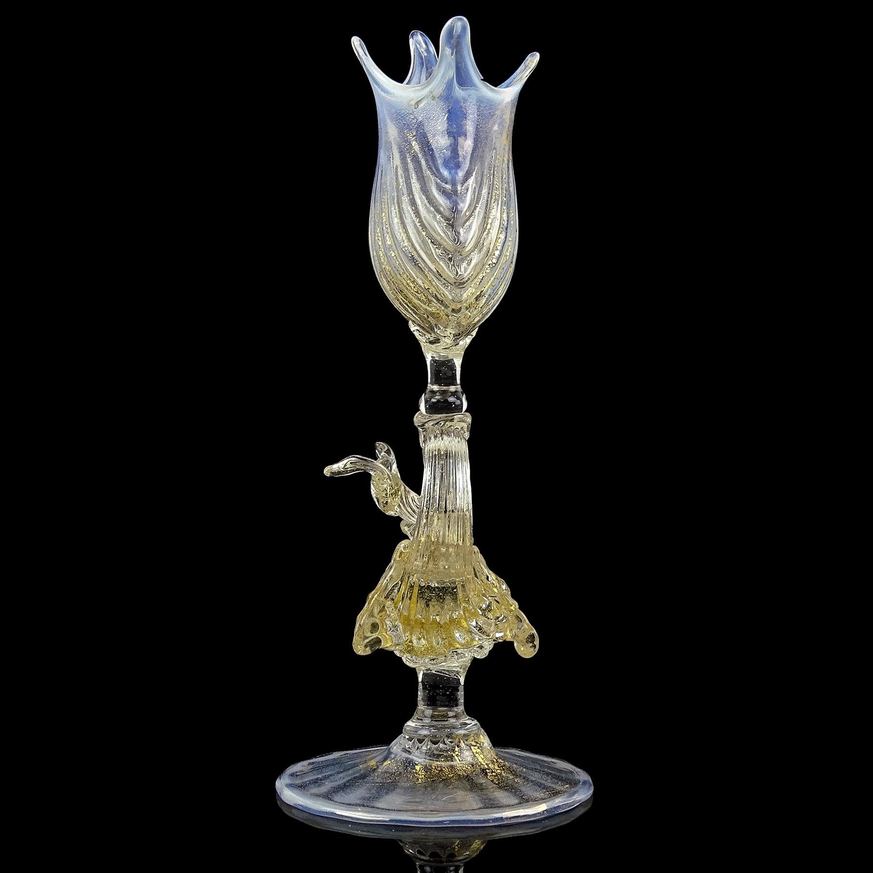 Antique Venetian Murano Opal Shell Gold Flecks Fish Stem Italian Art Glass Vase For Sale 2