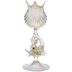 Vintage Venetian Murano Opal Shell Gold Flecks Fish Stem Italian Art Glass Vase