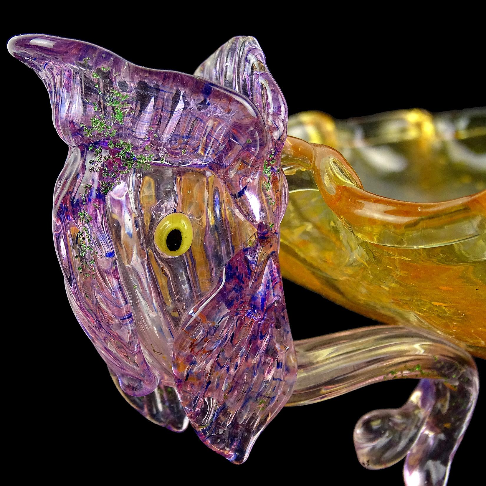 Antique Venetian Murano Orange Purple Fish Italian Art Glass Candlestick Bowl 4