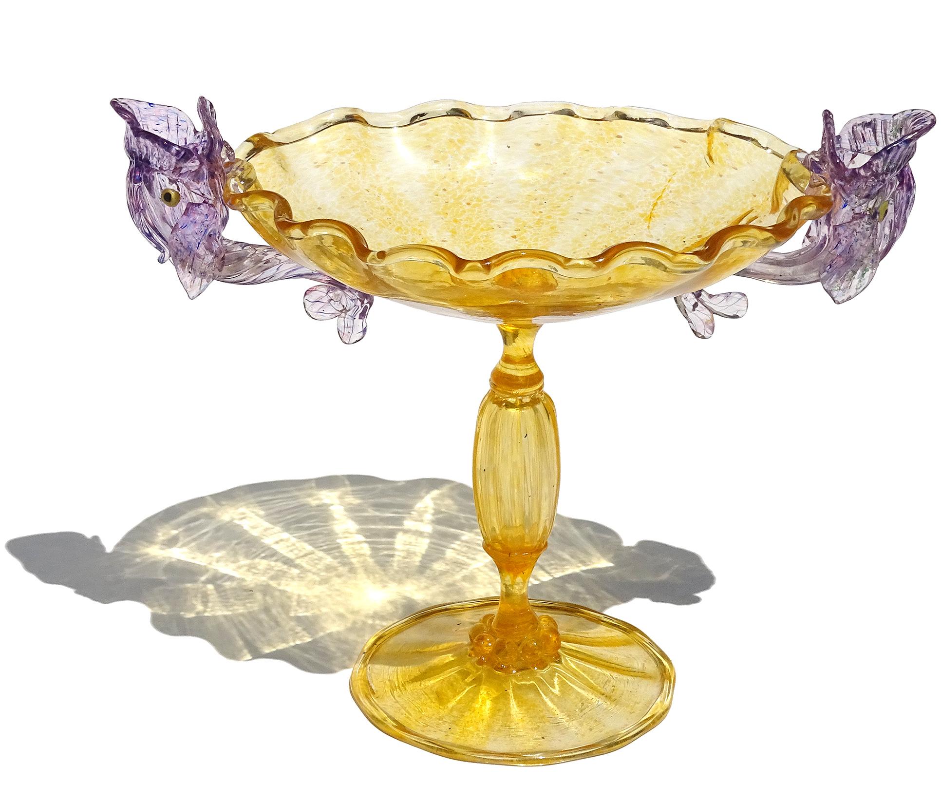 Art Nouveau Antique Venetian Murano Orange Purple Fish Italian Art Glass Candlestick Bowl
