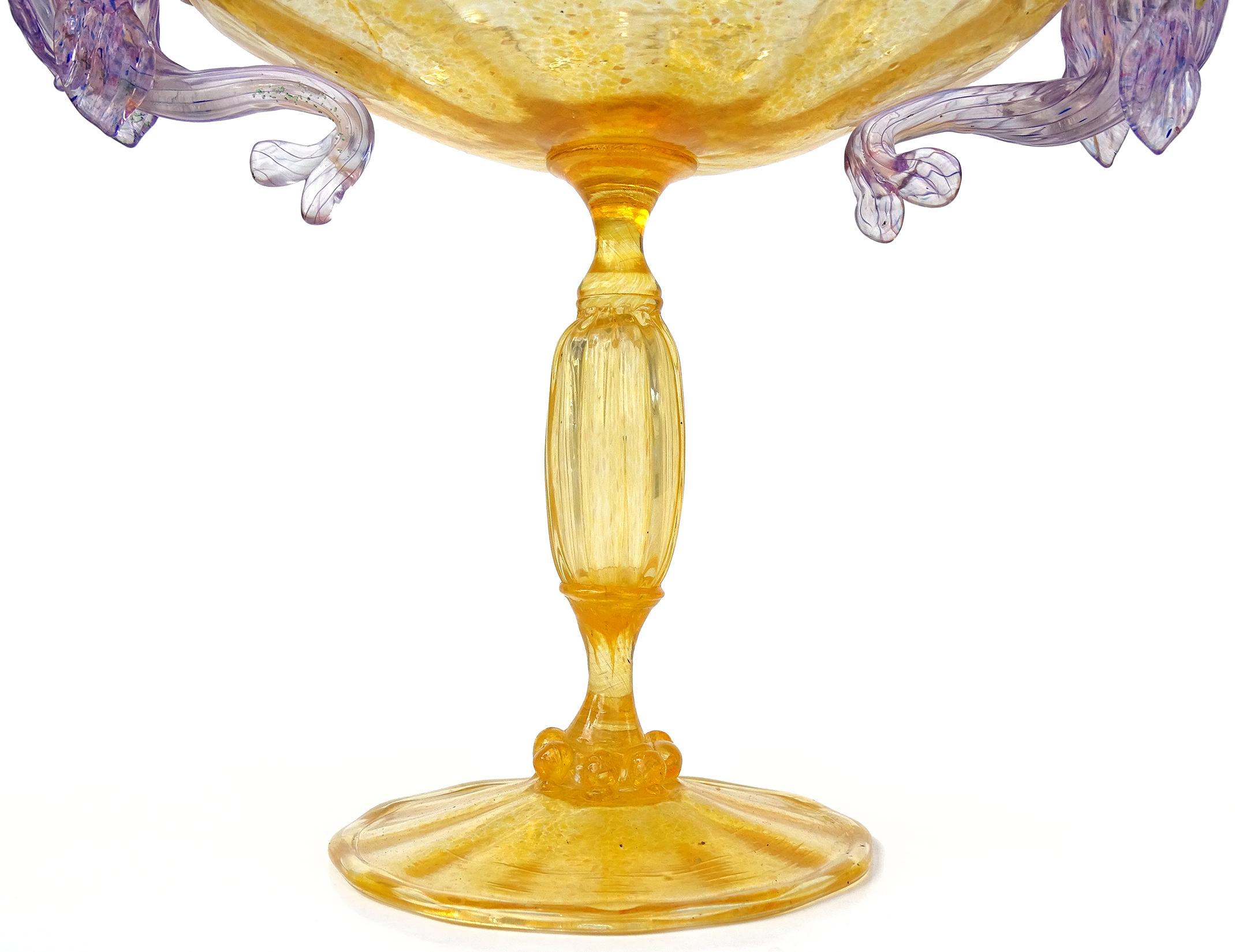 Antique Venetian Murano Orange Purple Fish Italian Art Glass Candlestick Bowl In Good Condition In Kissimmee, FL