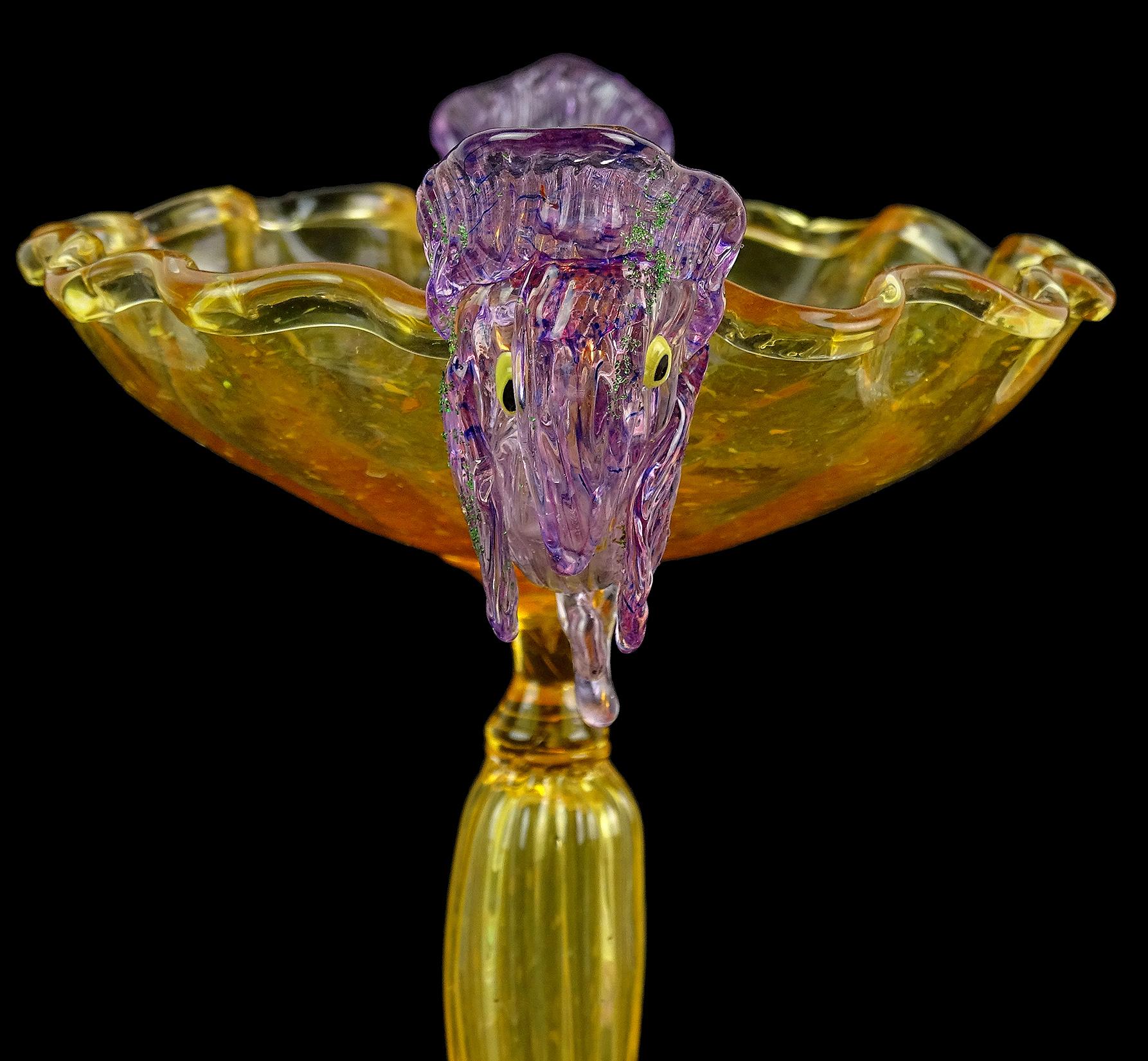 Antique Venetian Murano Orange Purple Fish Italian Art Glass Candlestick Bowl 2