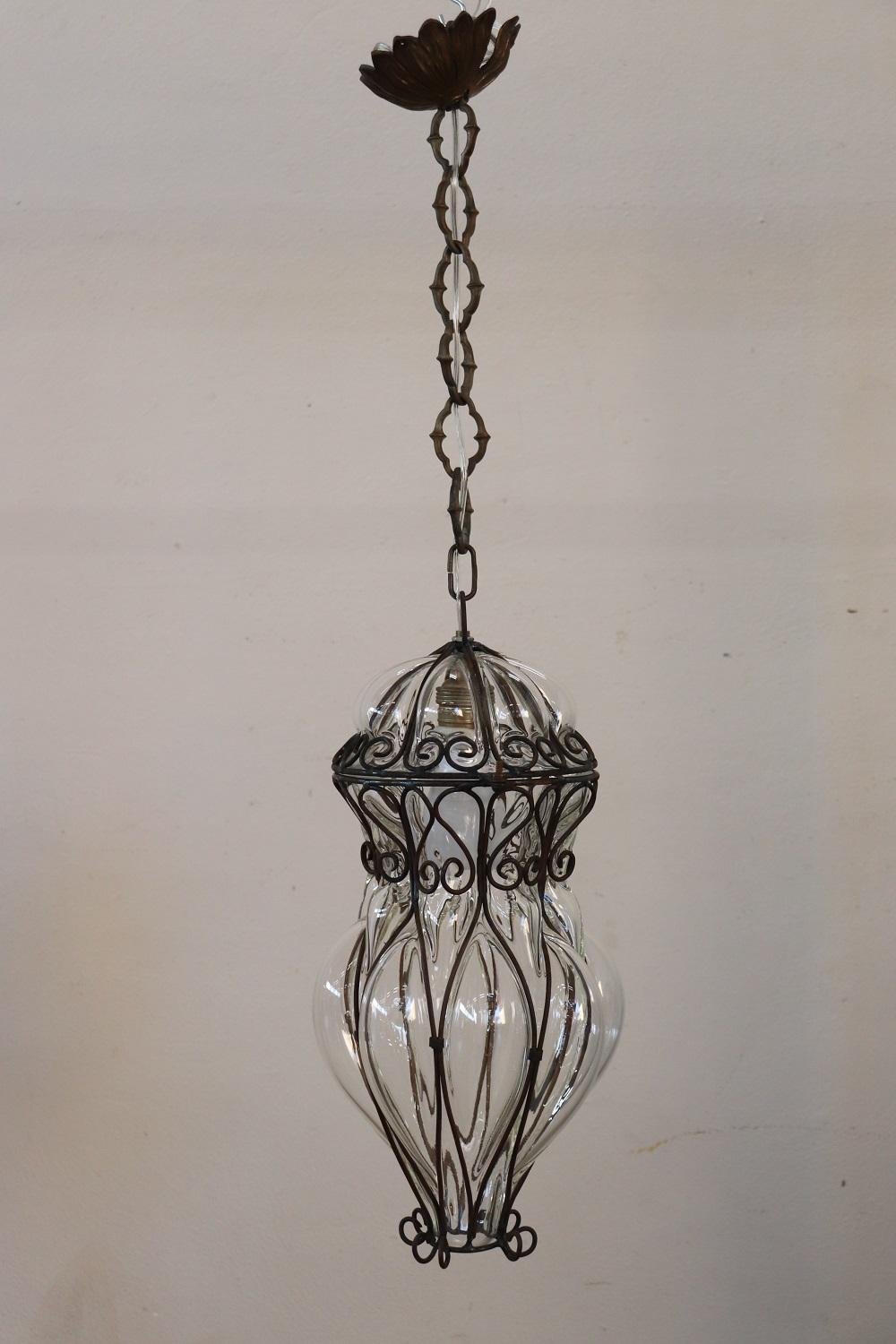 Italian Antique Venetian Murano Pendant Light Mouth Blown Glass into Iron Frame