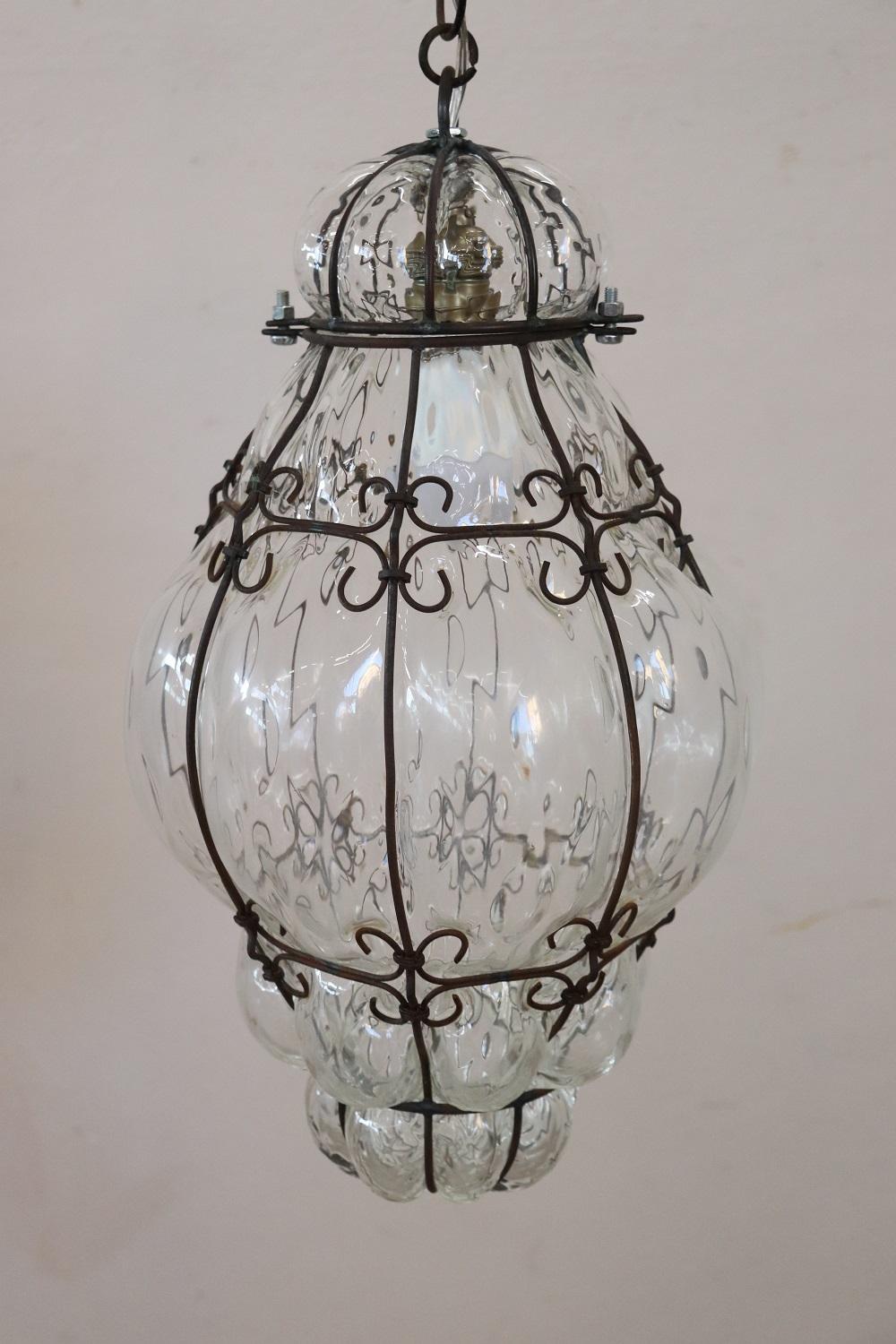 Italian Antique Venetian Murano Pendant Light Mouth blown Glass into Iron Frame