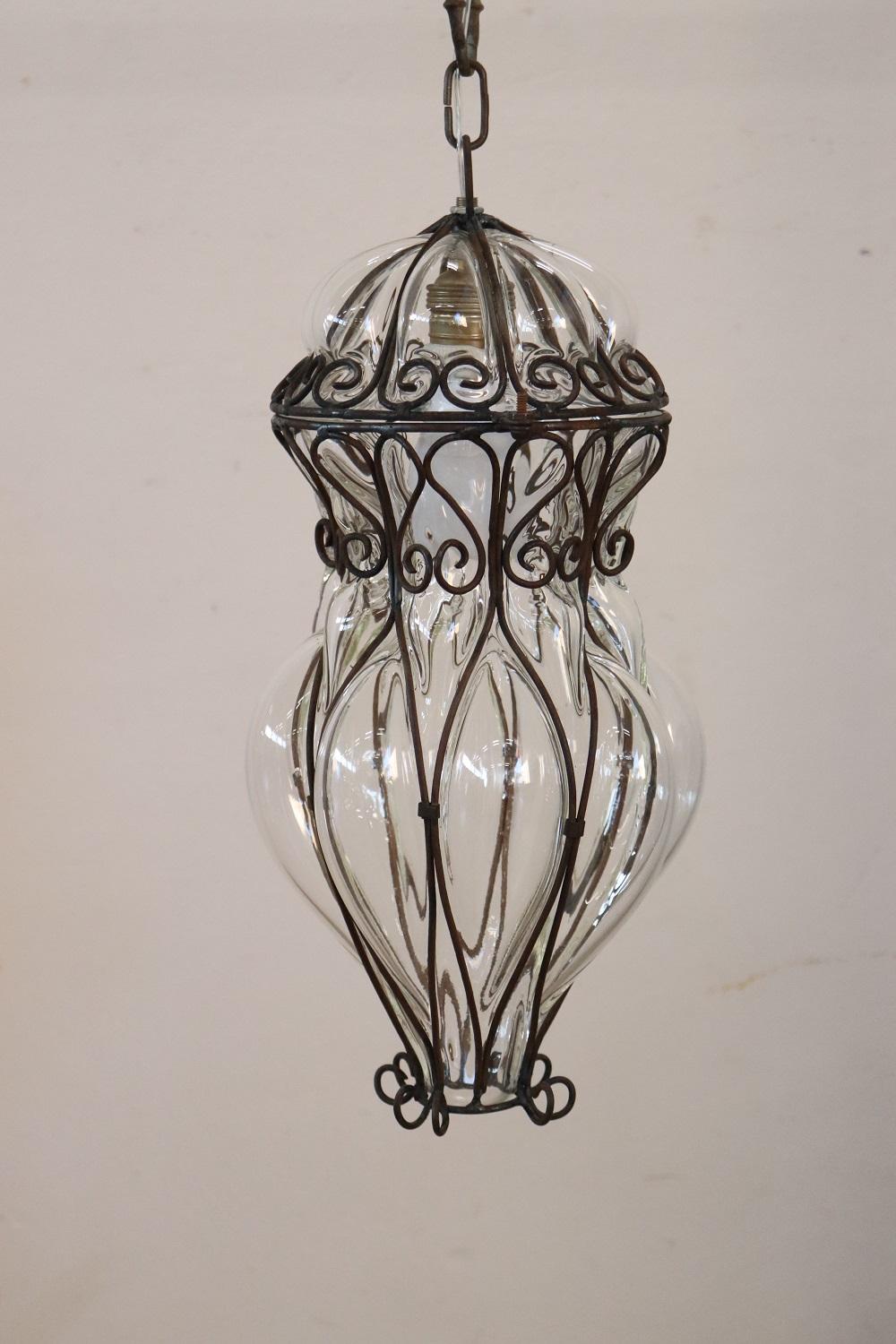 Antique Venetian Murano Pendant Light Mouth Blown Glass into Iron Frame In Fair Condition In Casale Monferrato, IT