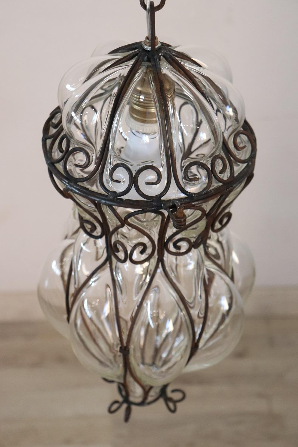 Early 20th Century Antique Venetian Murano Pendant Light Mouth Blown Glass into Iron Frame