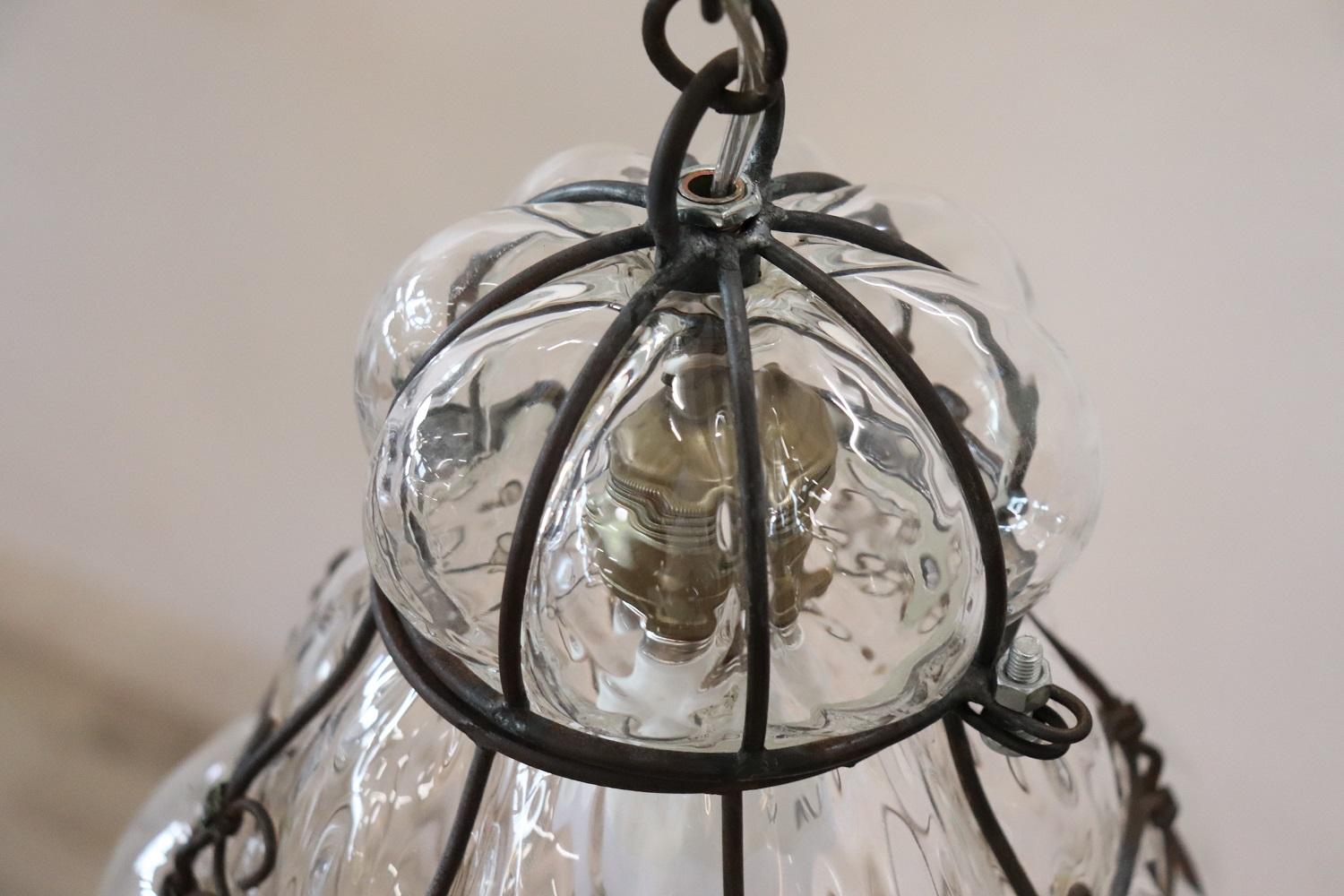 Early 20th Century Antique Venetian Murano Pendant Light Mouth blown Glass into Iron Frame