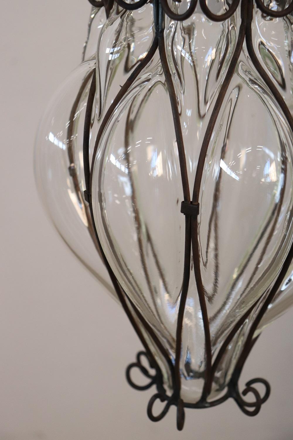 Murano Glass Antique Venetian Murano Pendant Light Mouth Blown Glass into Iron Frame