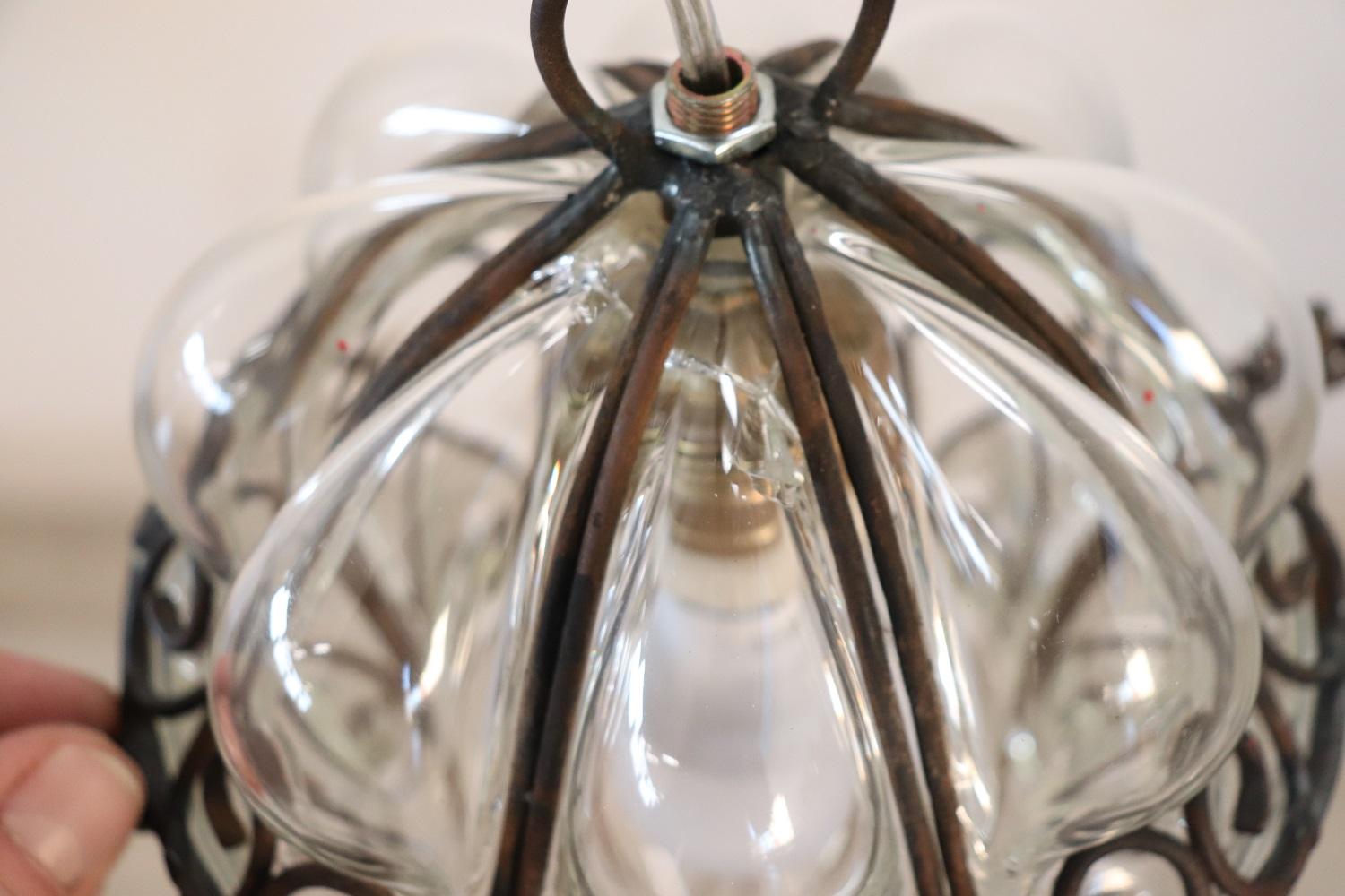 Antique Venetian Murano Pendant Light Mouth Blown Glass into Iron Frame 3