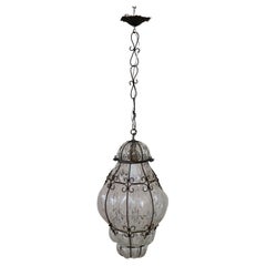Antique Venetian Murano Pendant Light Mouth blown Glass into Iron Frame