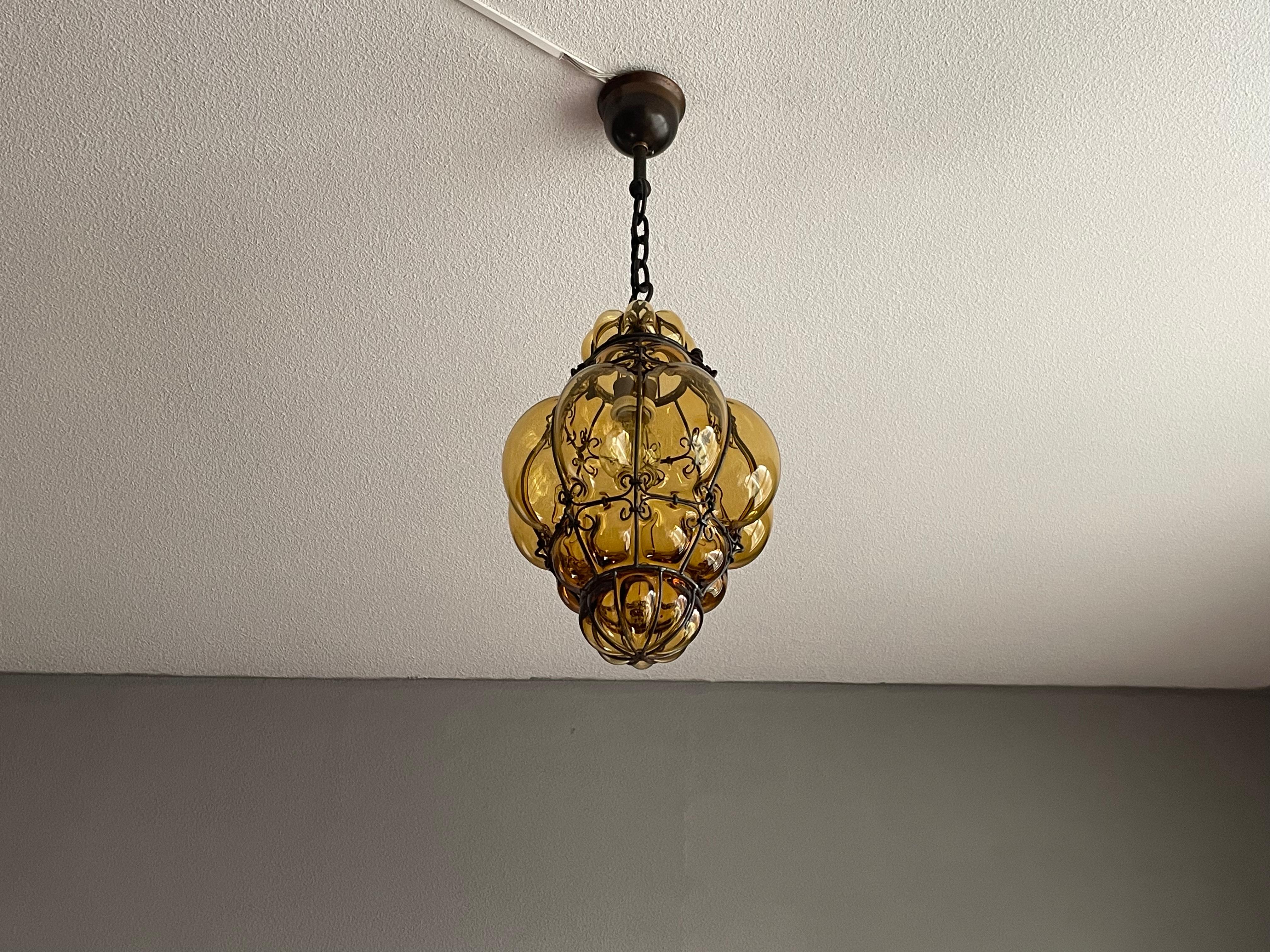 Antique Venetian Murano Pendant Light Mouthblown Glass into a Wrought Iron Frame For Sale 8