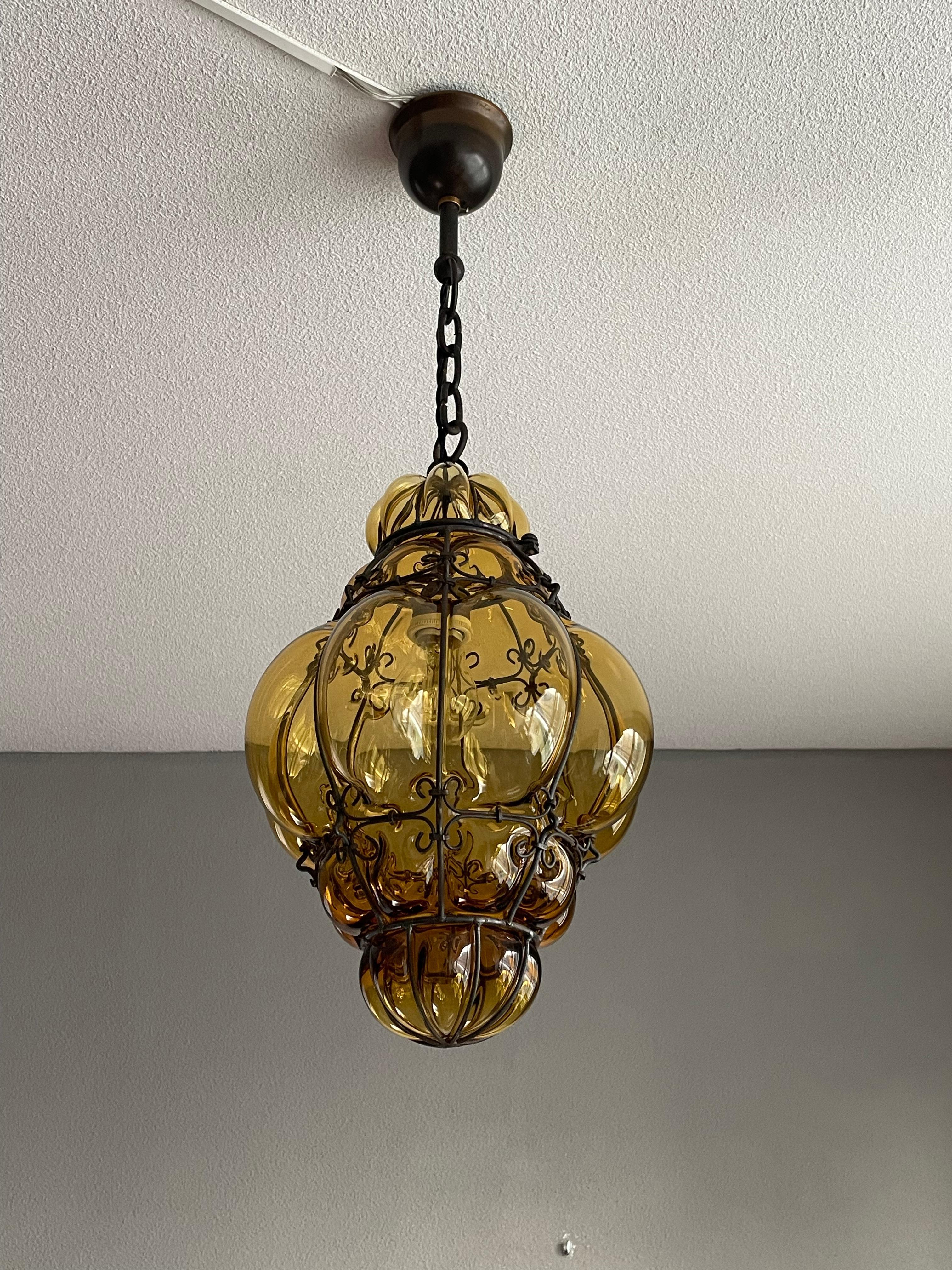 Blackened Antique Venetian Murano Pendant Light Mouthblown Glass into a Wrought Iron Frame For Sale
