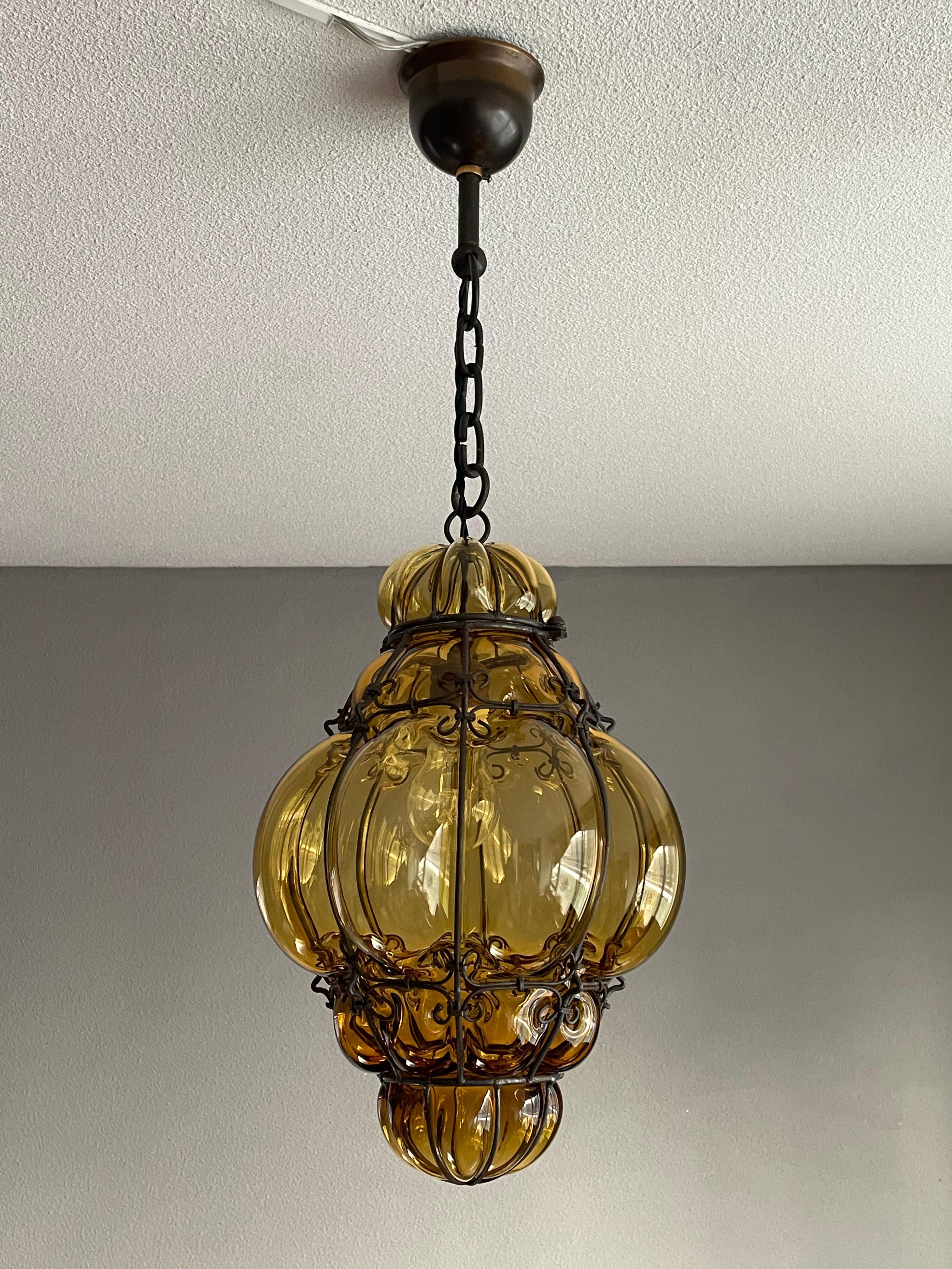 Antique Venetian Murano Pendant Light Mouthblown Glass into a Wrought Iron Frame In Good Condition For Sale In Lisse, NL