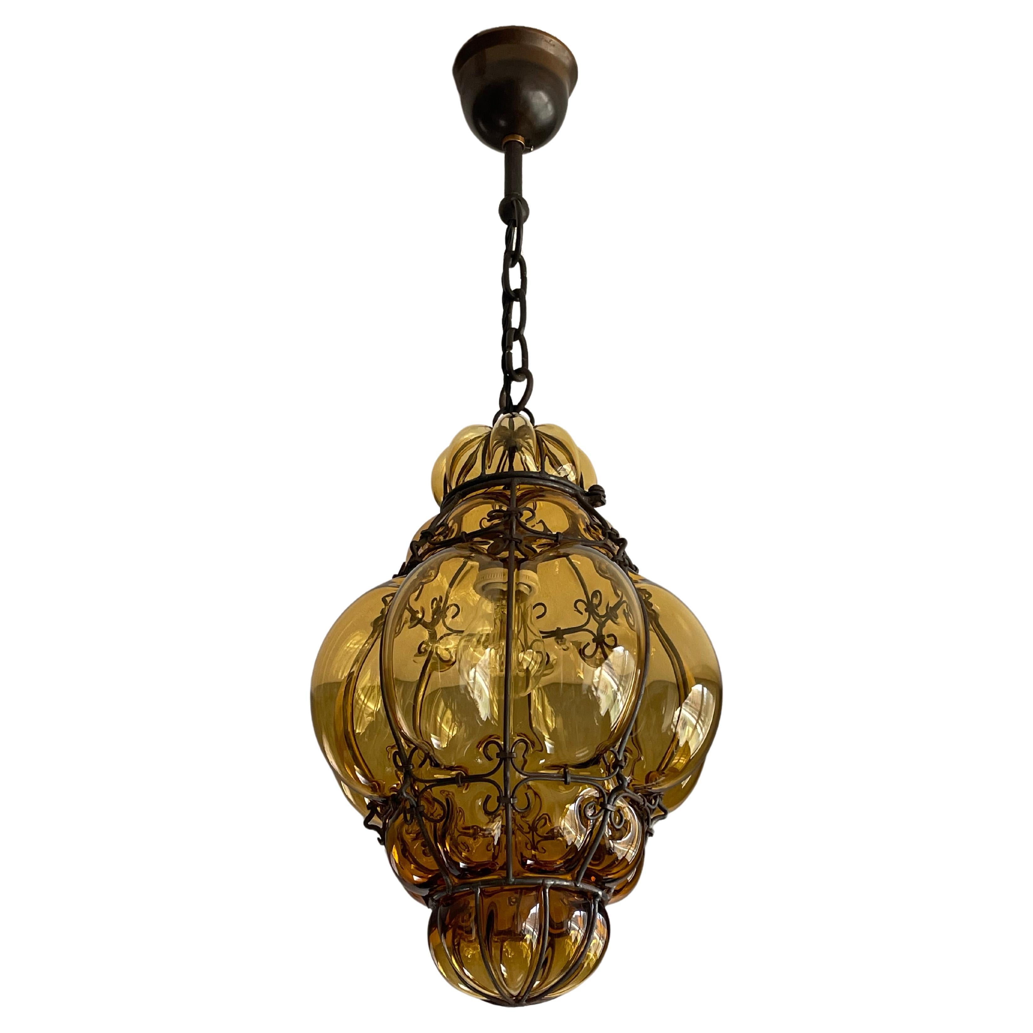 Antique Venetian Murano Pendant Light Mouthblown Glass into a Wrought Iron Frame