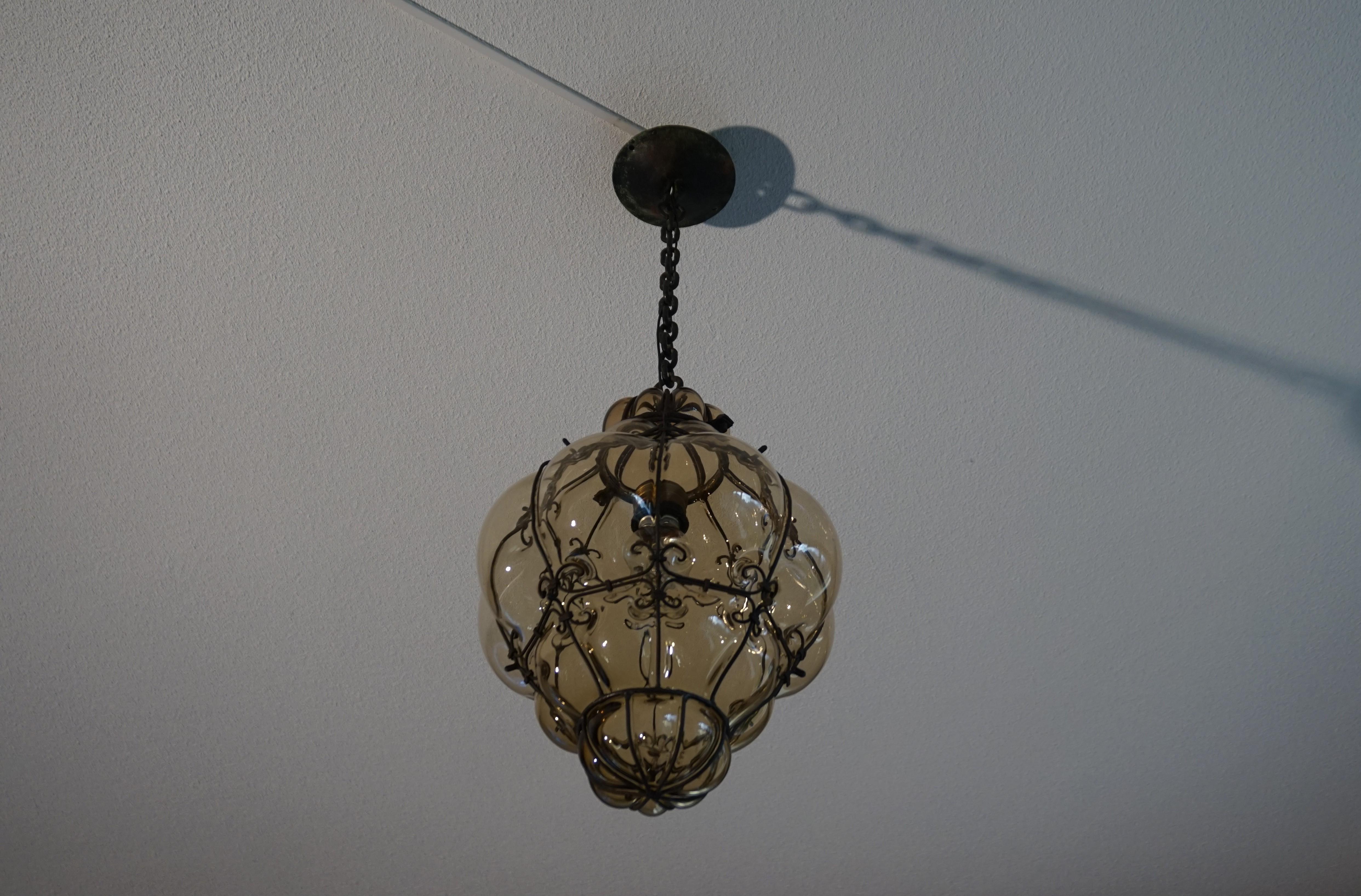 Antique Venetian Murano Pendant Light Mouthblown Glass into a Wrought Iron Frame 4