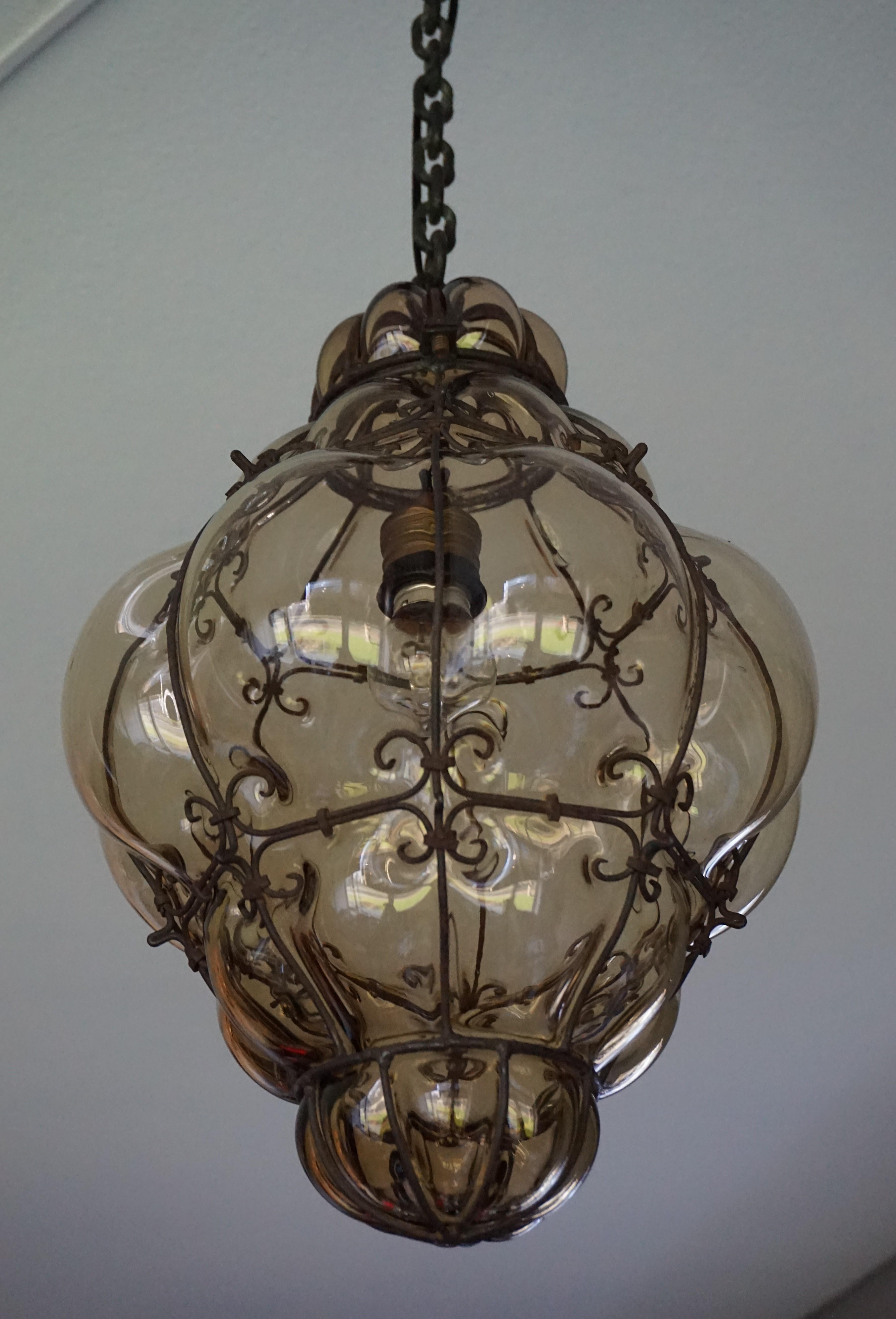 Antique Venetian Murano Pendant Light Mouthblown Glass into a Wrought Iron Frame 5