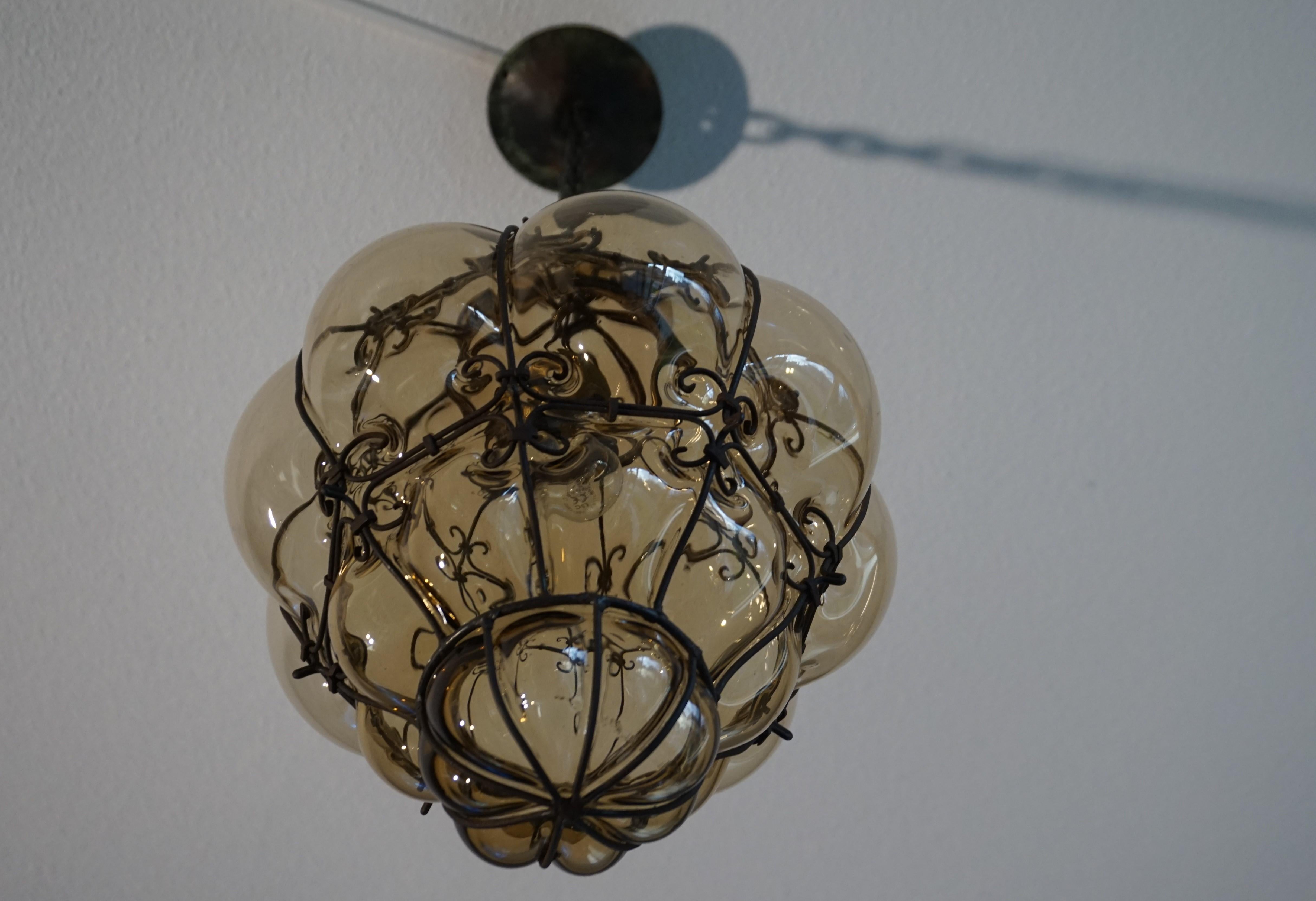Arts and Crafts Antique Venetian Murano Pendant Light Mouthblown Glass into a Wrought Iron Frame