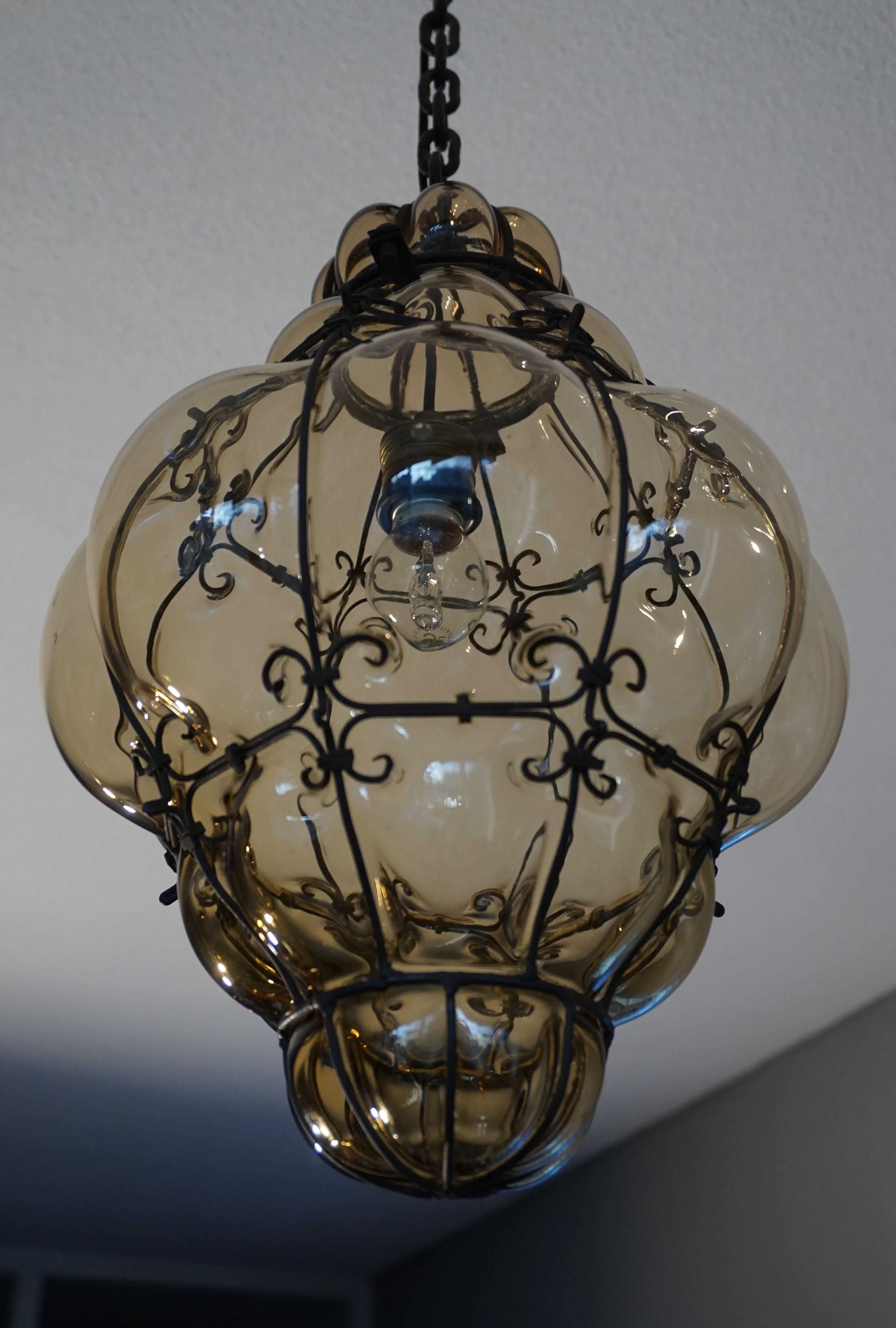 Hand-Crafted Antique Venetian Murano Pendant Light Mouthblown Glass into a Wrought Iron Frame