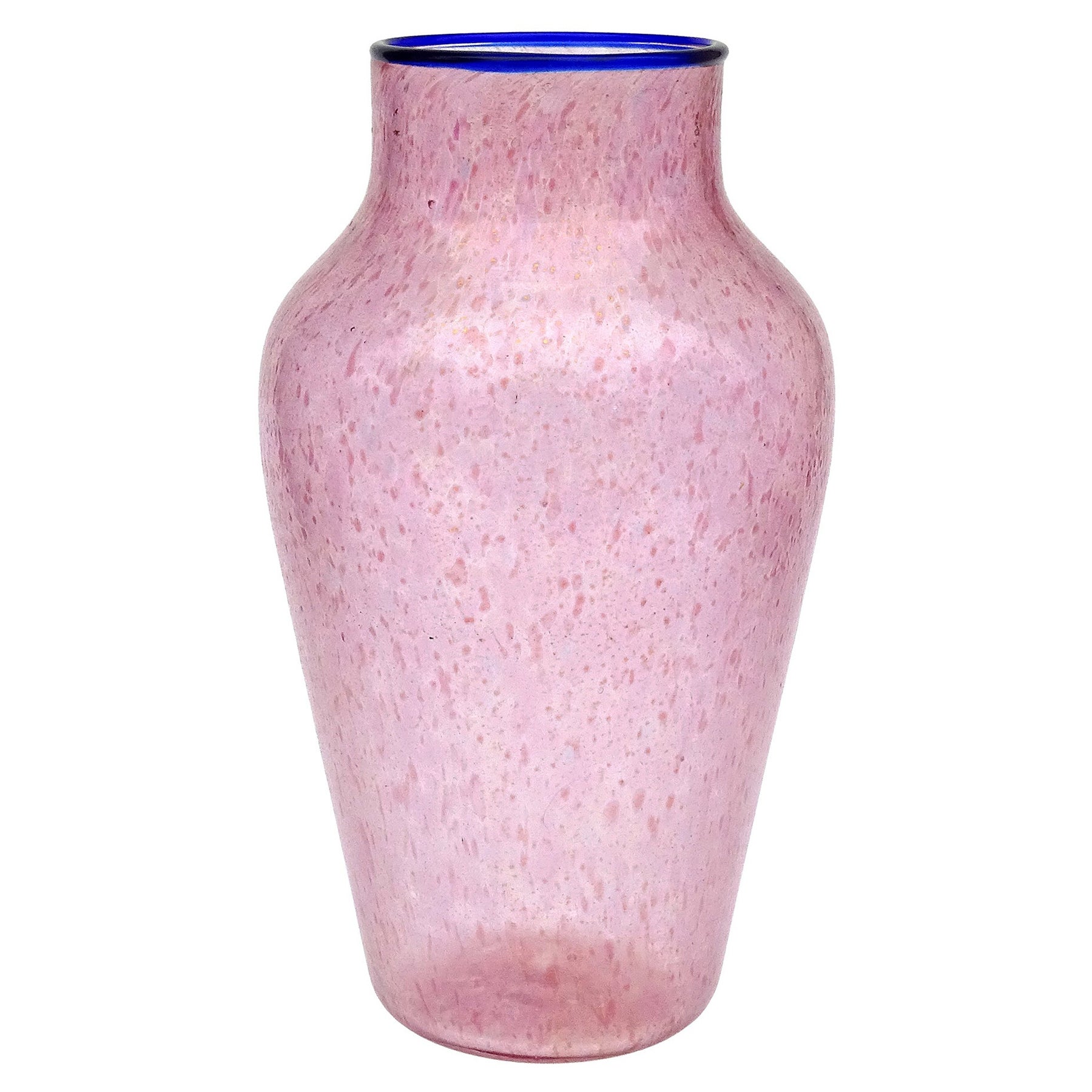Vase à fleurs italien ancien en verre d'art vénitien de Murano avec bordure bleue et mouchetures dorées