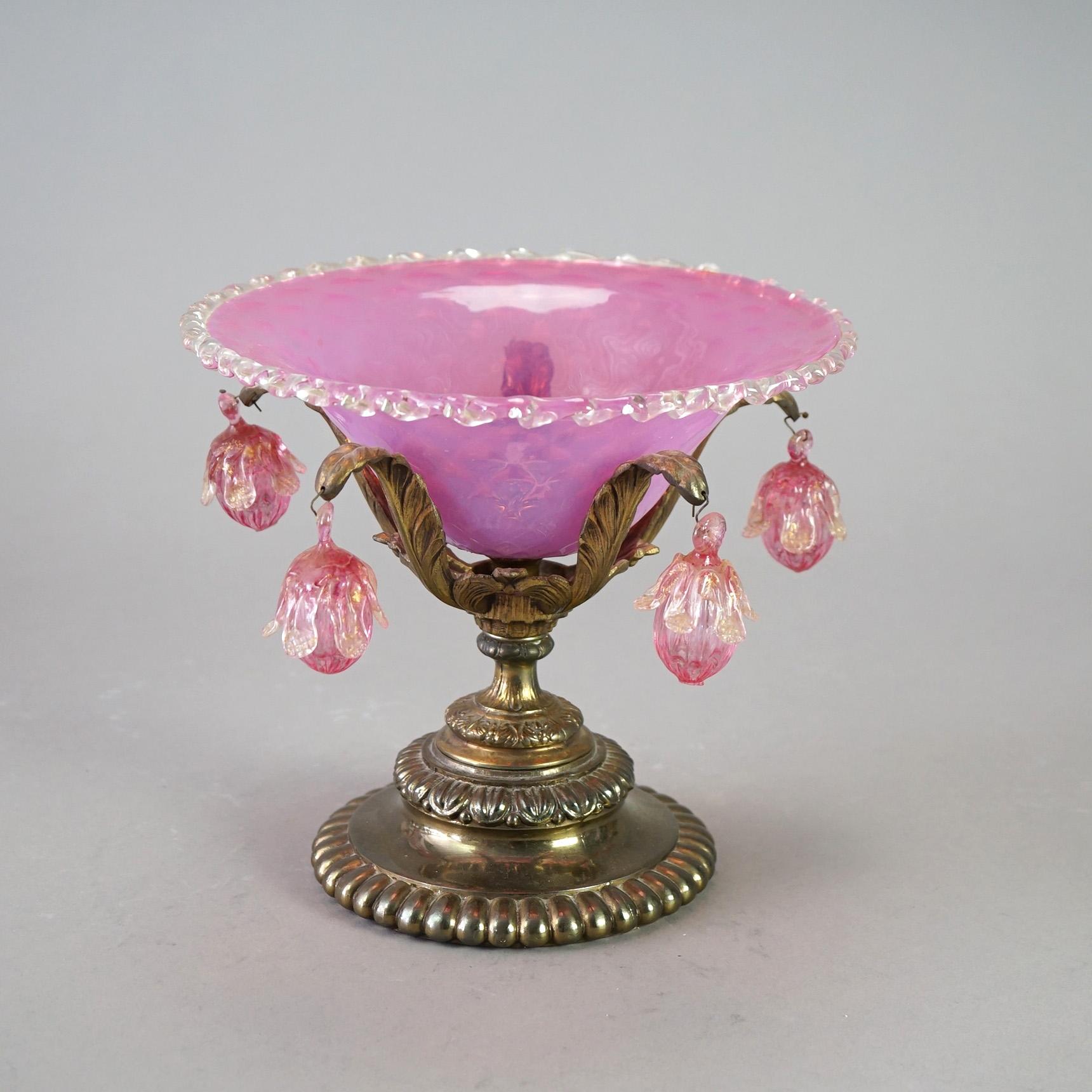 Italian Antique Venetian Murano Pink Glass Compote with Blown Glass Ornaments C1890