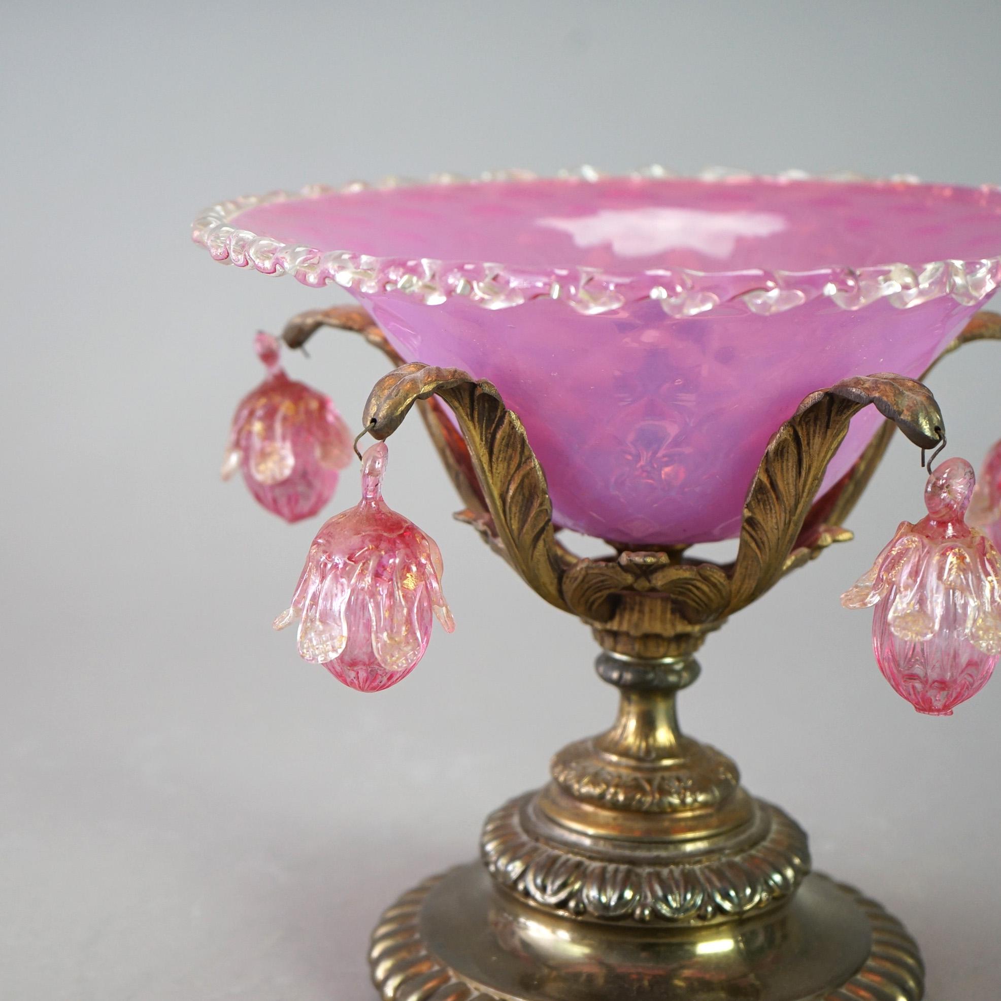 Antique Venetian Murano Pink Glass Compote with Blown Glass Ornaments C1890 In Good Condition In Big Flats, NY