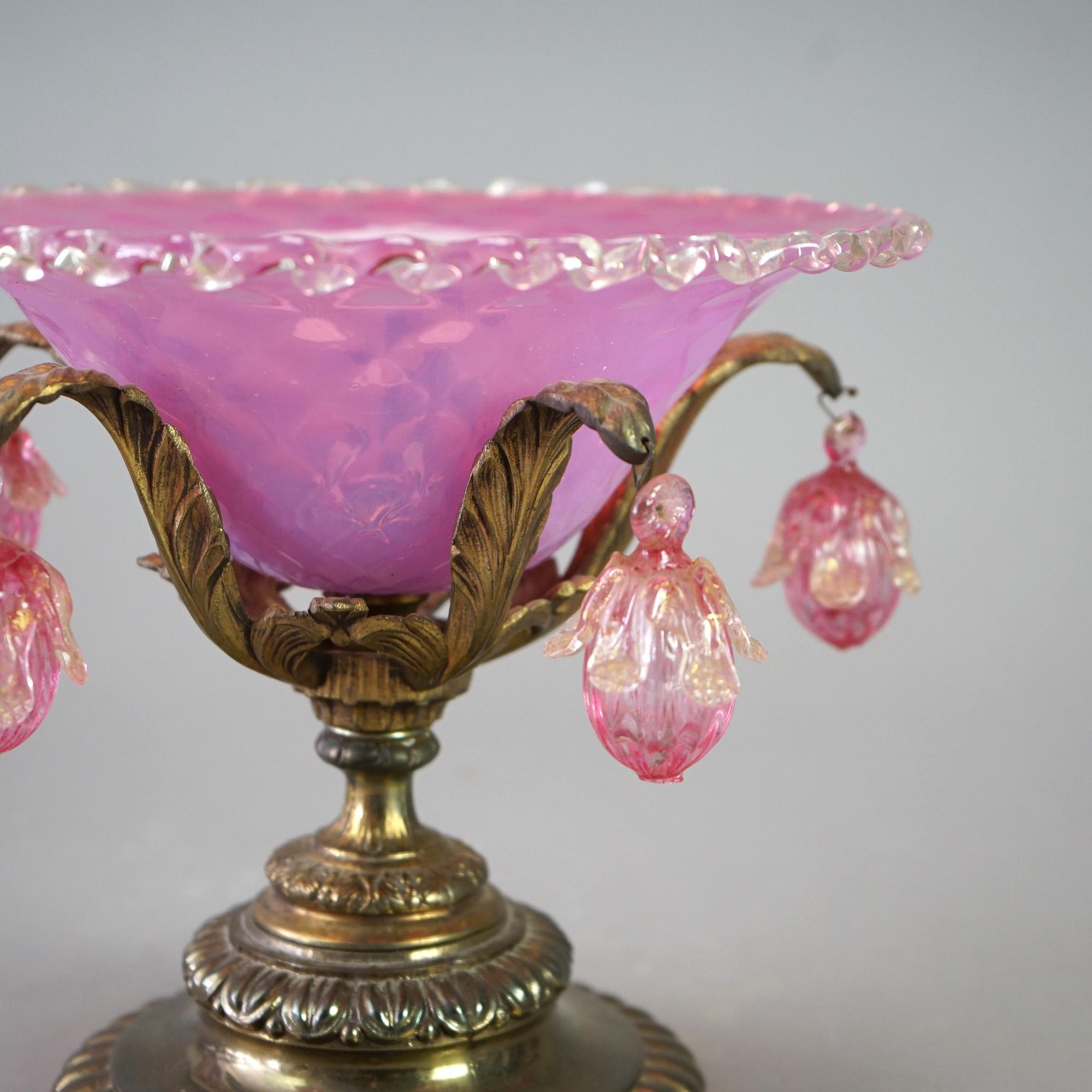 19th Century Antique Venetian Murano Pink Glass Compote with Blown Glass Ornaments C1890