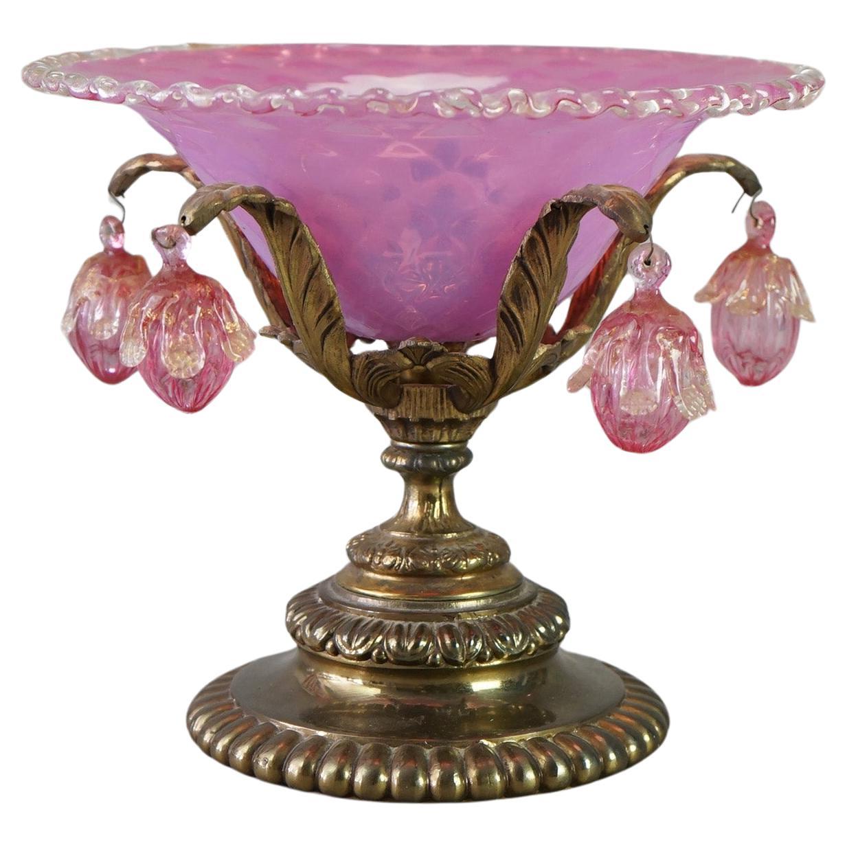 Antique Venetian Murano Pink Glass Compote with Blown Glass Ornaments C1890