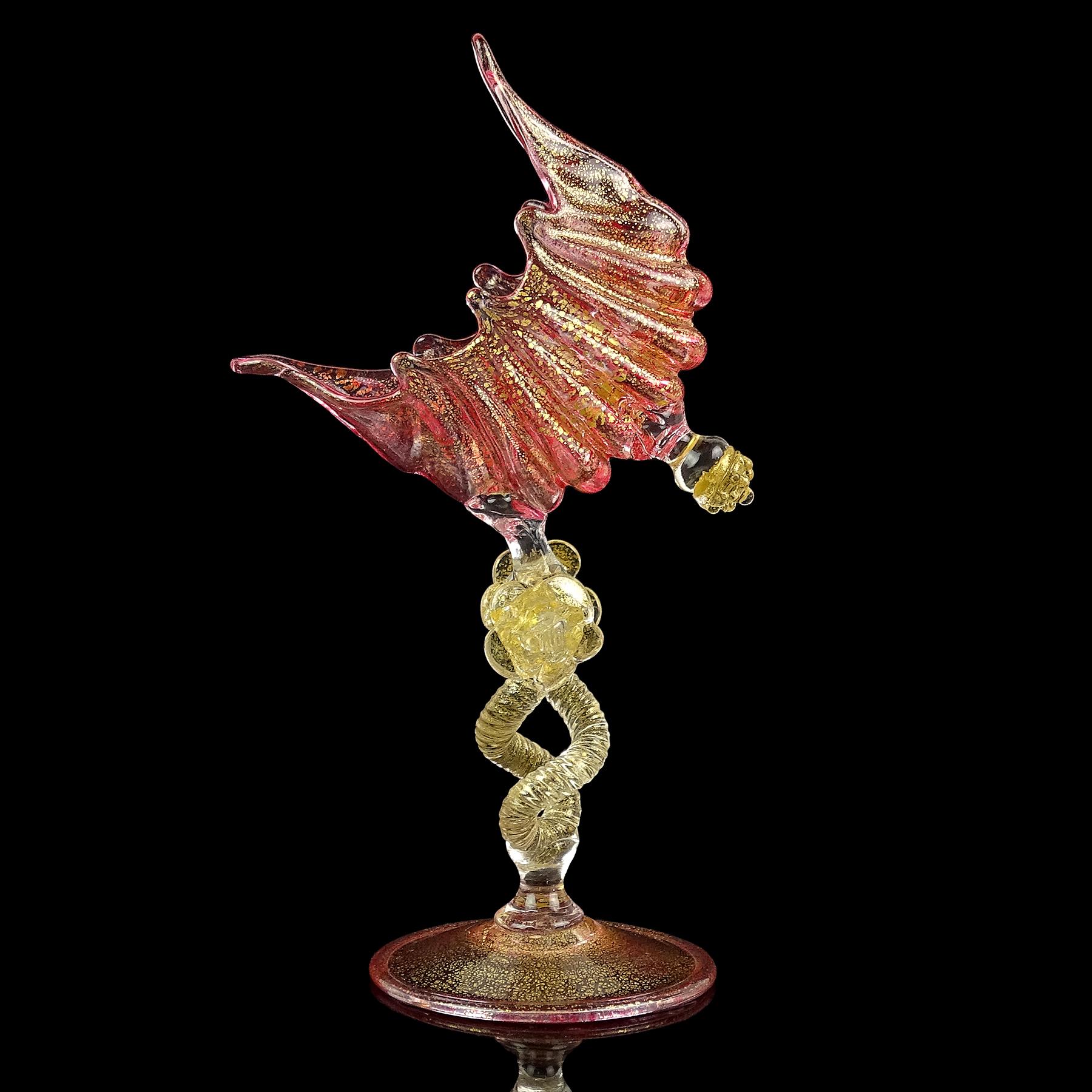 Beautiful, antique, early Venetian / Murano hand blown pink and gold flecks Italian art glass seashell decoration decorative table object / card holder. Documented to the Salviati company, circa 1890-1900. The stem of the piece is made with 2