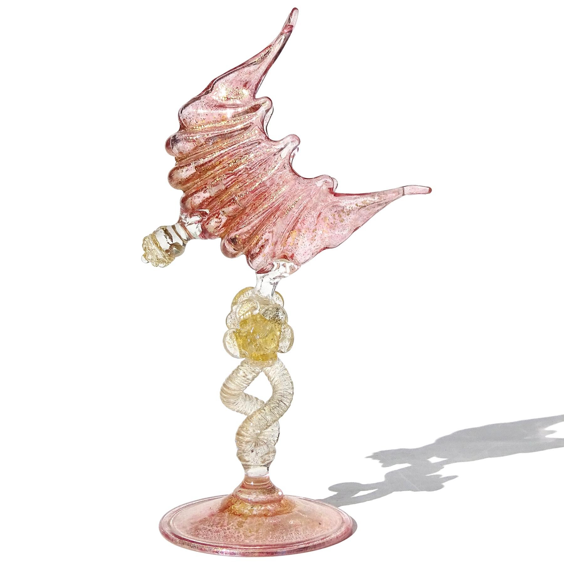 Art Nouveau Antique Venetian Murano Pink Gold Leaf Italian Art Glass Twist Stem Shell Holder