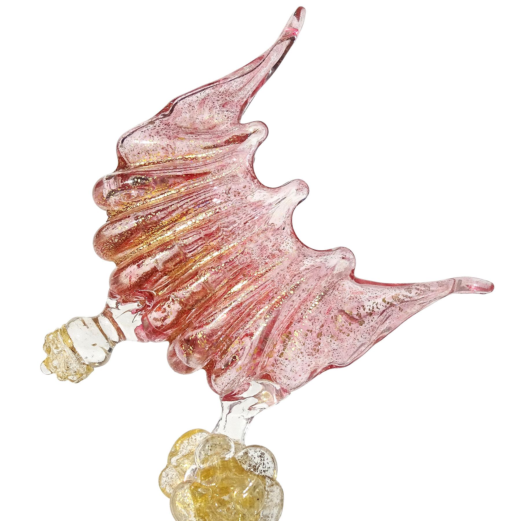 Hand-Crafted Antique Venetian Murano Pink Gold Leaf Italian Art Glass Twist Stem Shell Holder
