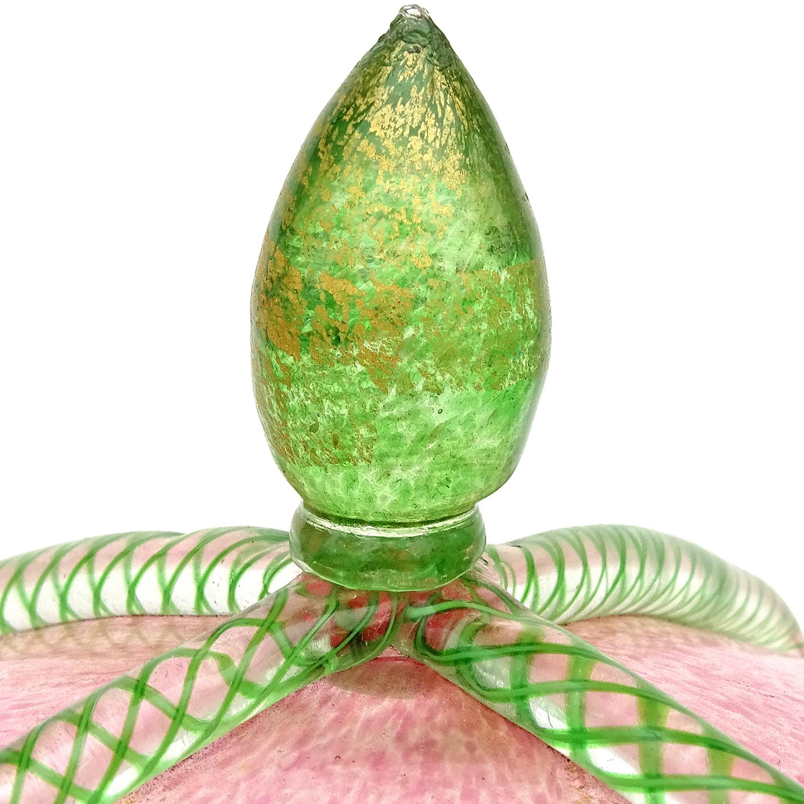 Art Nouveau Antique Venetian Murano Pink Green Ribbons Gold Flecks Italian Art Glass Jar
