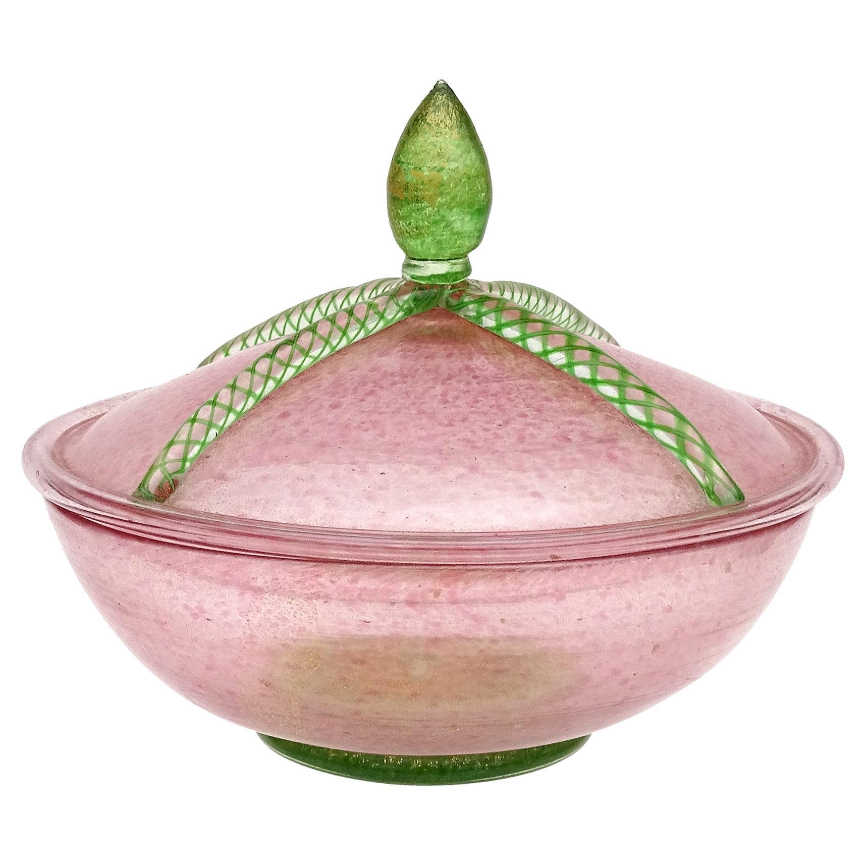 Antique Venetian Murano Pink Green Ribbons Gold Flecks Italian Art Glass Jar