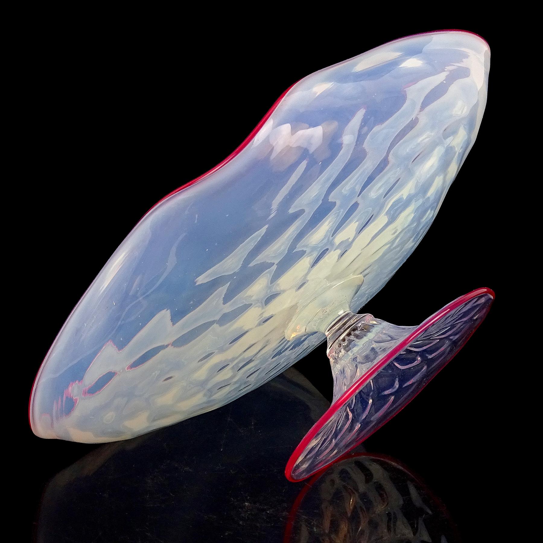 Antique Venetian Murano Quilted Opal Dark Pink Rim Italian Art Glass Footed Bowl For Sale 2
