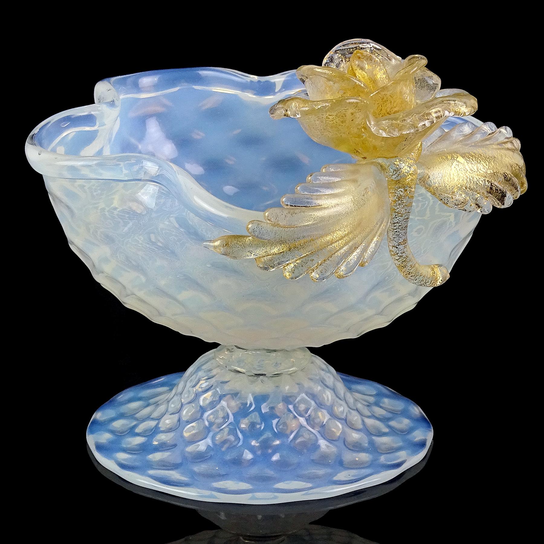 Beautiful antique Murano hand blown opalescent with gold flecks flower and leafs Italian art glass quilted footed bowl. The bowl itself has a flower shape, with pinched sides along the rim, and diamond quilted pattern throughout. It has an applied