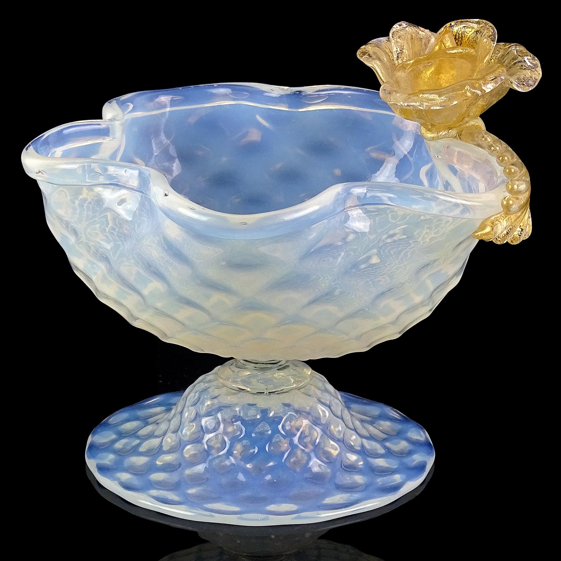 Hollywood Regency Antique Venetian Murano Quilted Opal Gold Flower Italian Art Glass Footed Bowl For Sale