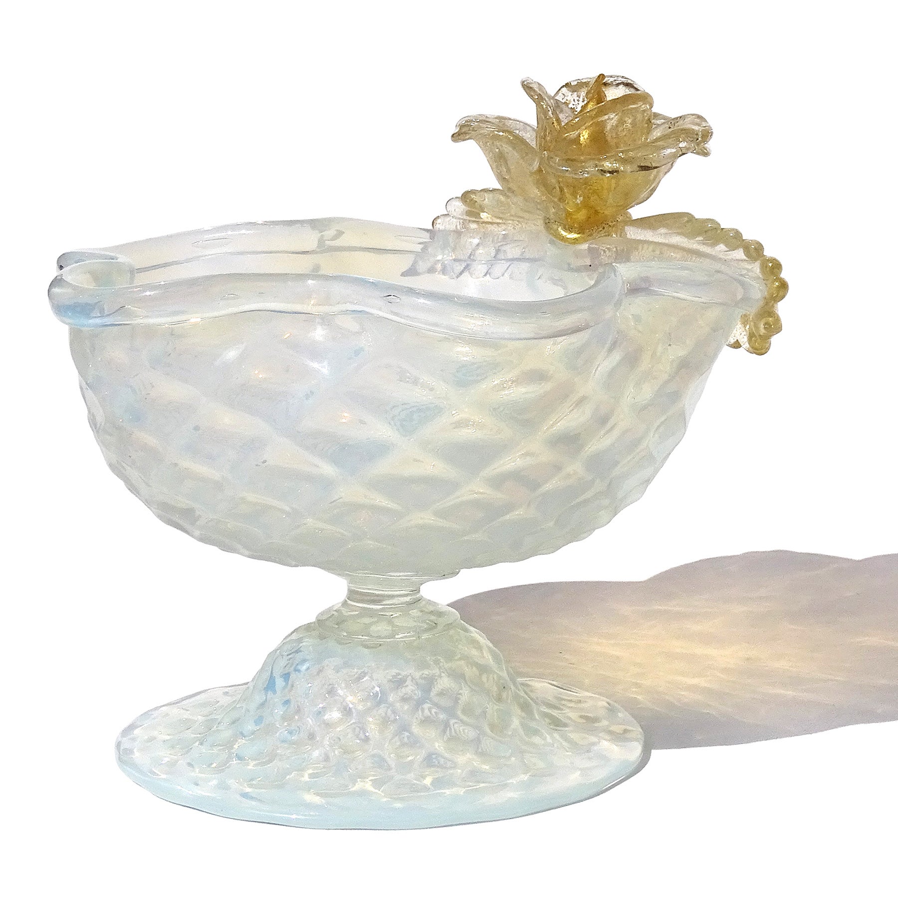 Hand-Crafted Antique Venetian Murano Quilted Opal Gold Flower Italian Art Glass Footed Bowl For Sale