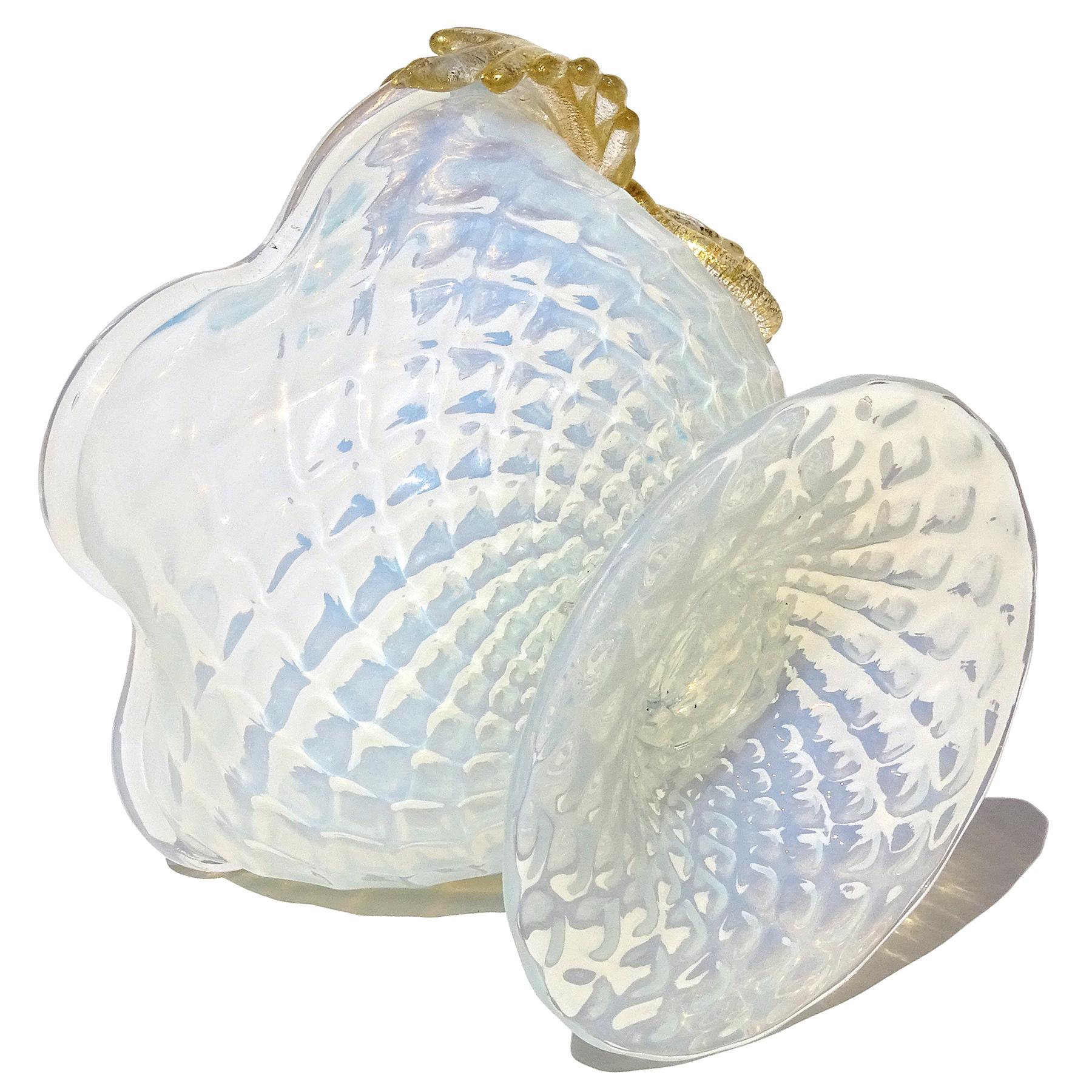Antique Venetian Murano Quilted Opal Gold Flower Italian Art Glass Footed Bowl For Sale 1
