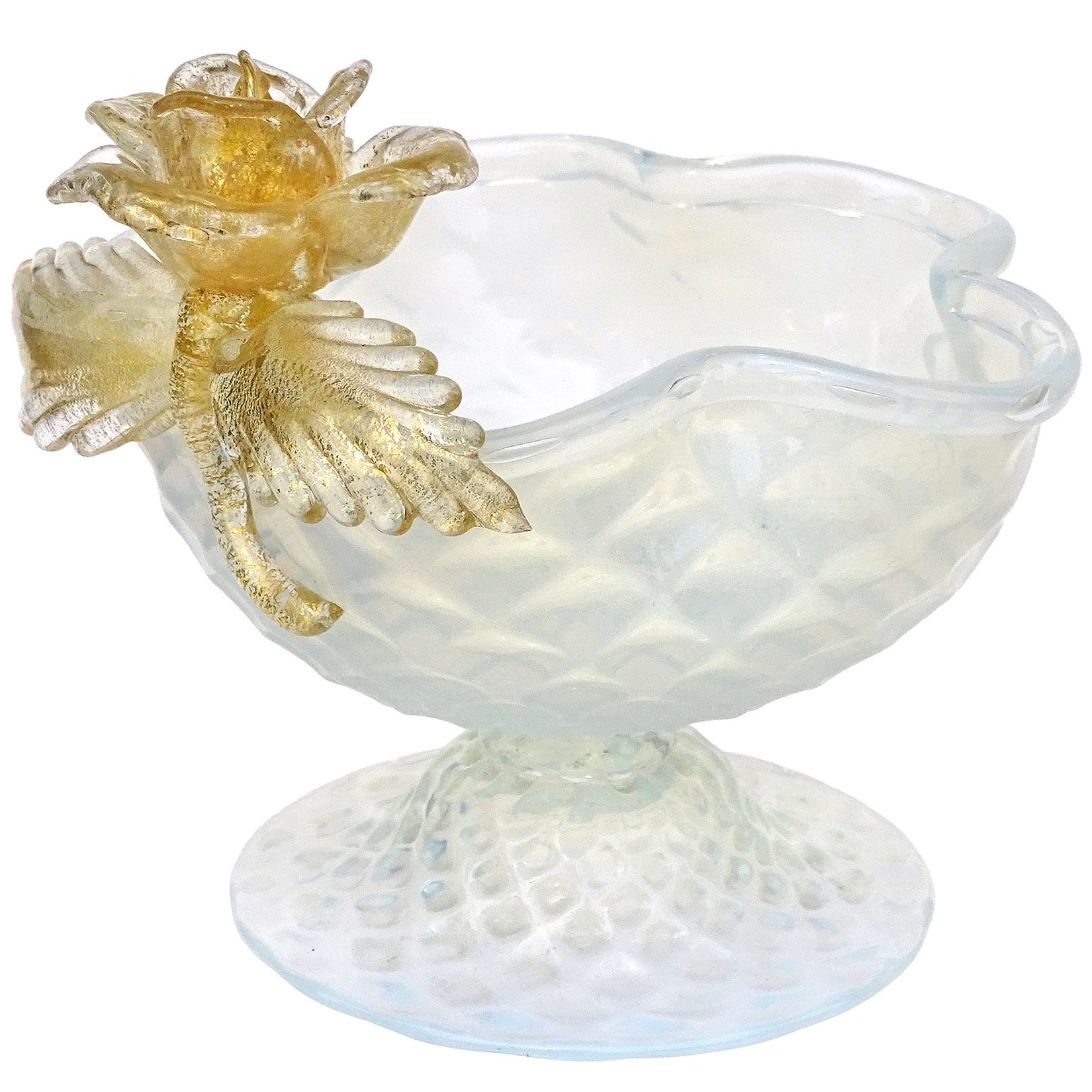 Antique Venetian Murano Quilted Opal Gold Flower Italian Art Glass Footed Bowl For Sale