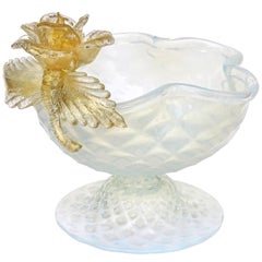 Antique Venetian Murano Quilted Opal Gold Flower Italian Art Glass Footed Bowl