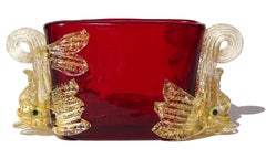 Antique Venetian Murano Red Gold Flecks Fish Italian Art Glass Mini Vase Holder