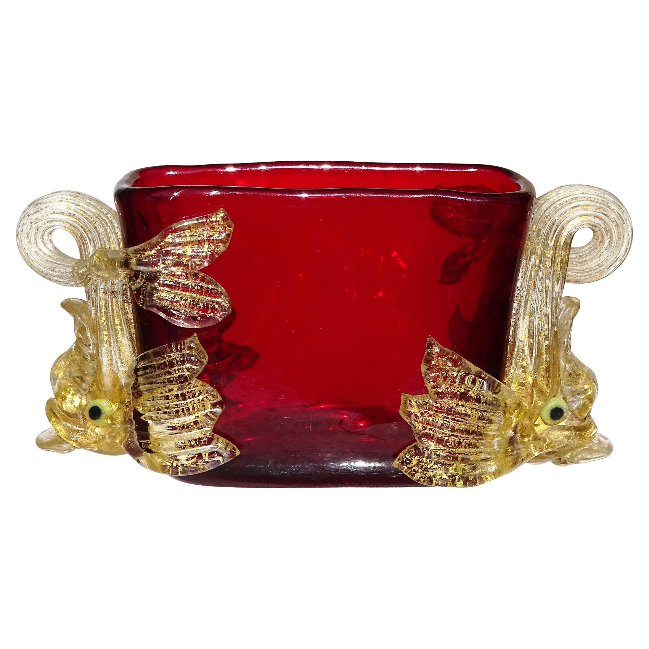 Antique Venetian Murano Red Gold Flecks Fish Italian Art Glass Mini Vase Holder