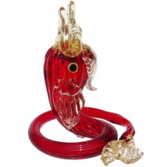 Portacartellini da tavola in vetro artistico italiano antico di Murano, con motivi a pesci e riflessi rosso-oro