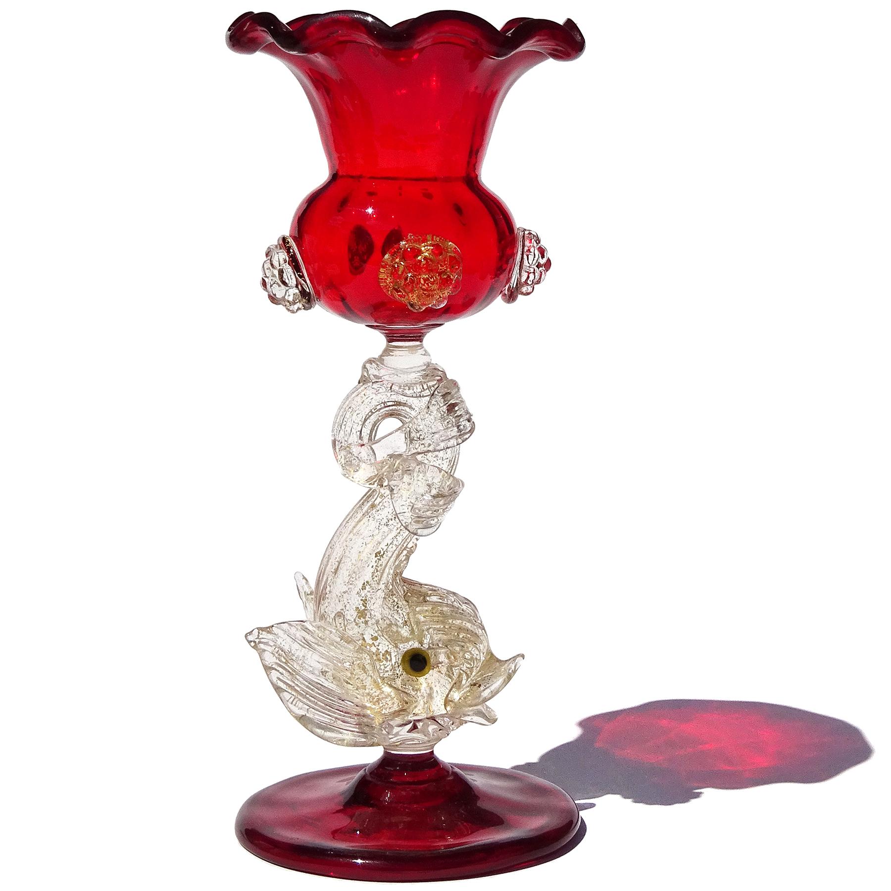 Beautiful, antique, early Venetian / Murano hand blown ruby red with gold flecks Italian art glass with ornate fish stem vase / table object. Created in the manner of the Salviati and Fratelli Toso companies. The color is a bright red, with clear