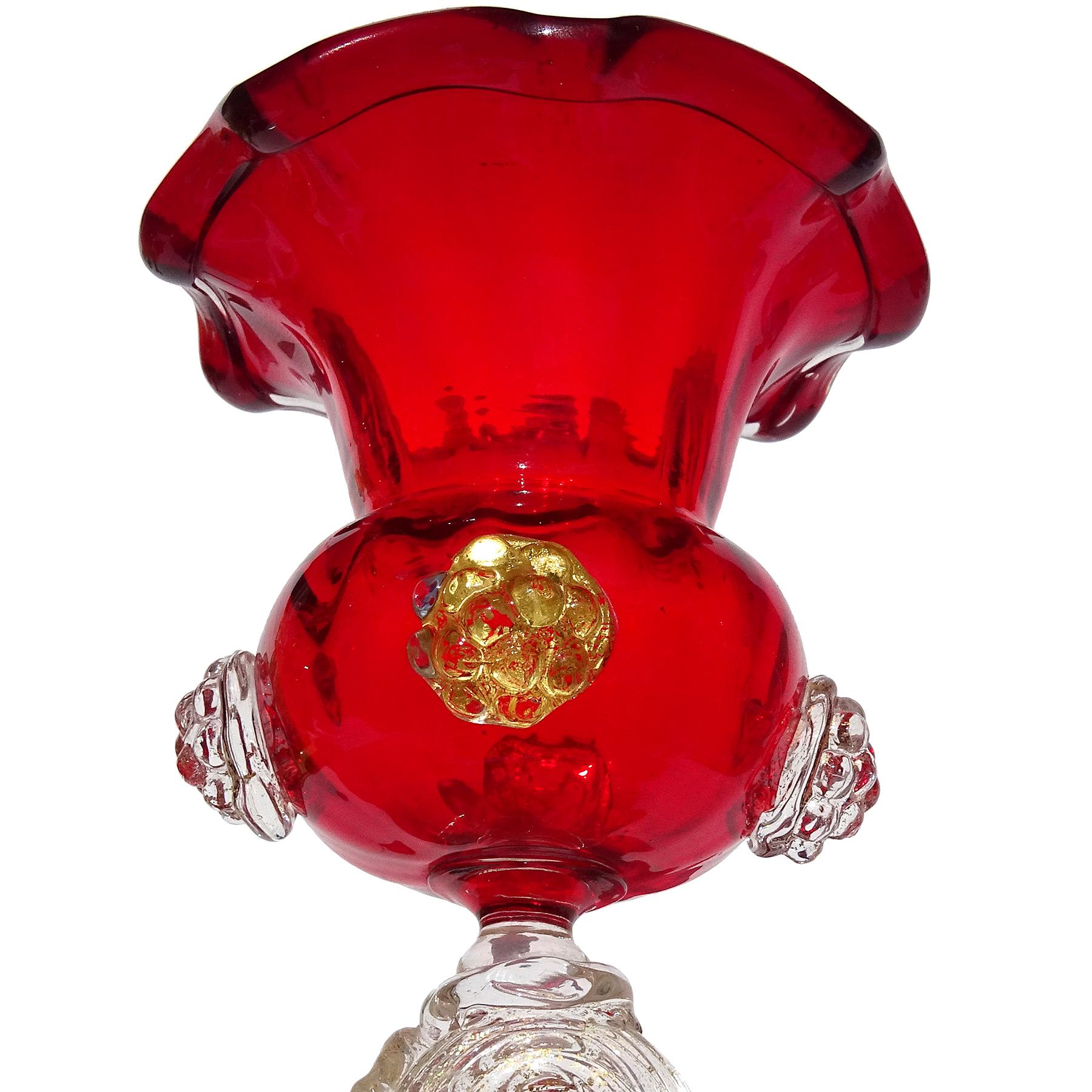 Art Nouveau Antique Venetian Murano Red Gold Flecks Fish Stem Italian Art Glass Vase For Sale