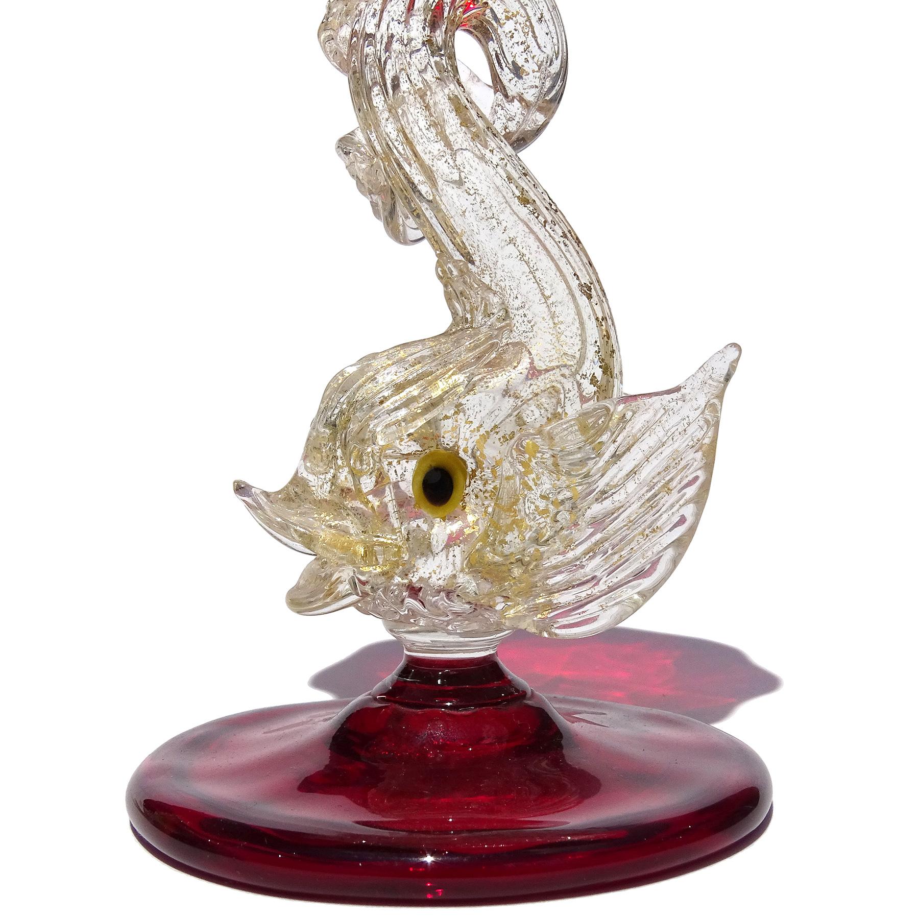 19th Century Antique Venetian Murano Red Gold Flecks Fish Stem Italian Art Glass Vase For Sale