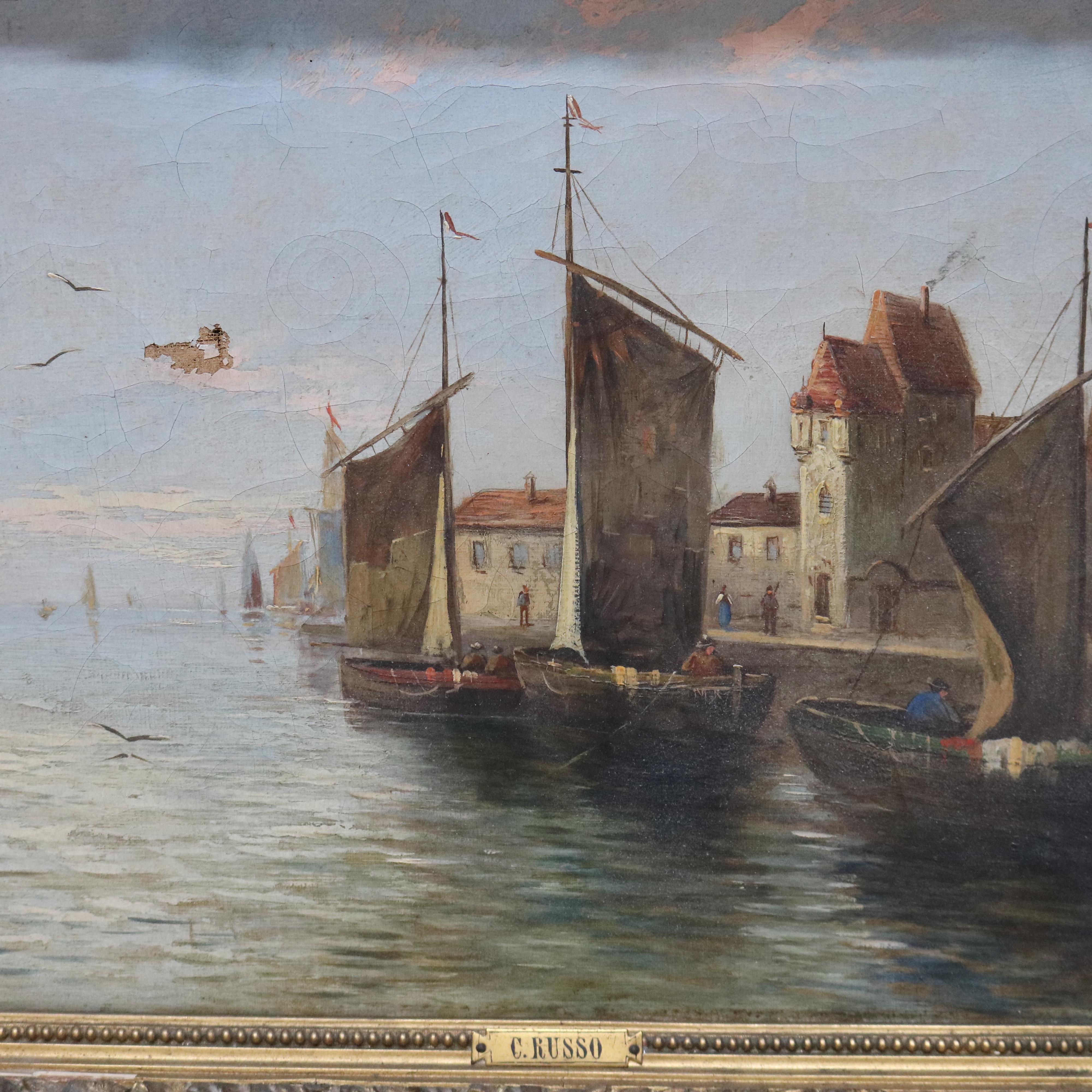 Antique Venetian Oil on Canvas Harbor Scene by C. Russo, Framed, C1890.   
Measures - 18.25