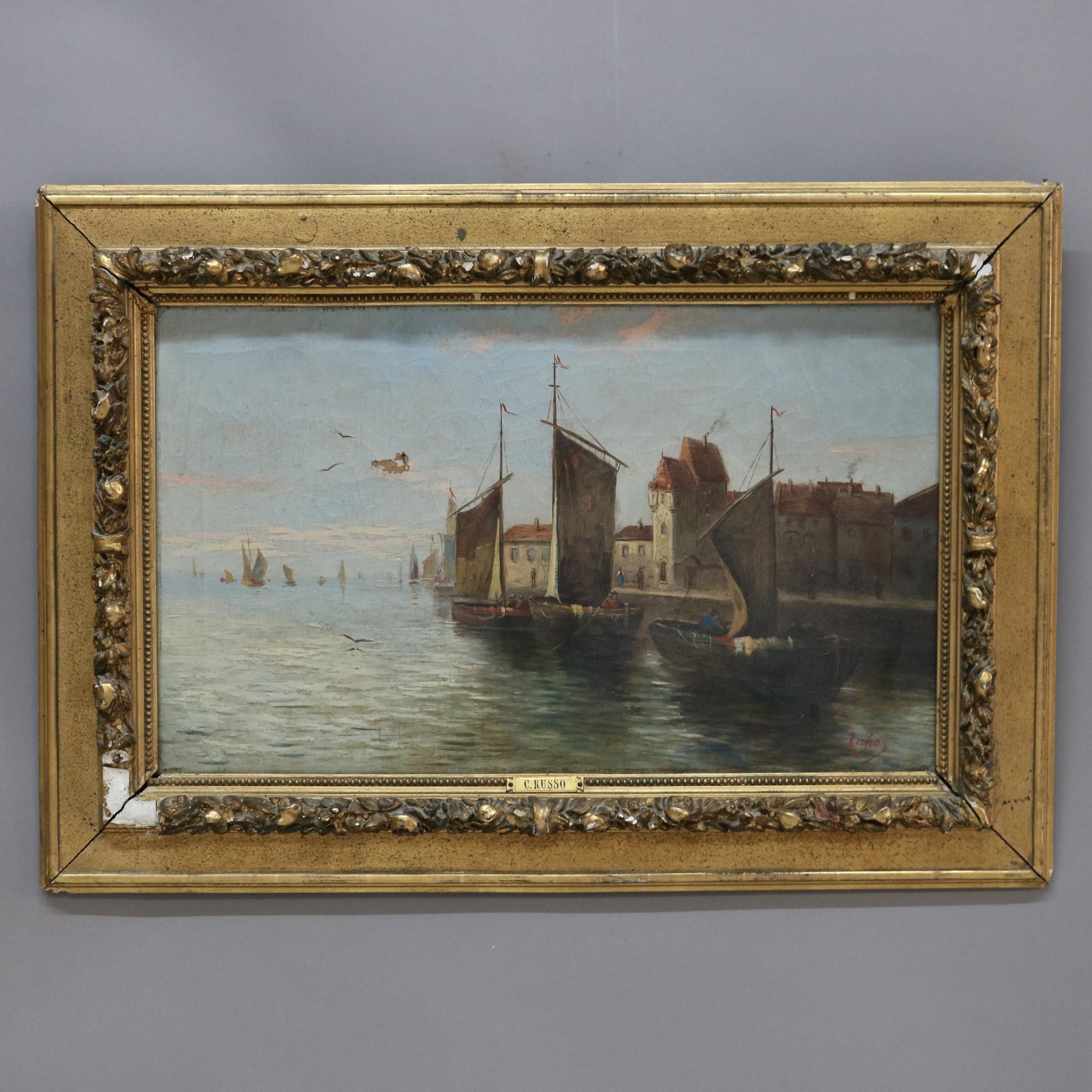 Antique Venetian Oil on Canvas Harbor Scene by C. Russo, Framed, C1890 In Good Condition For Sale In Big Flats, NY