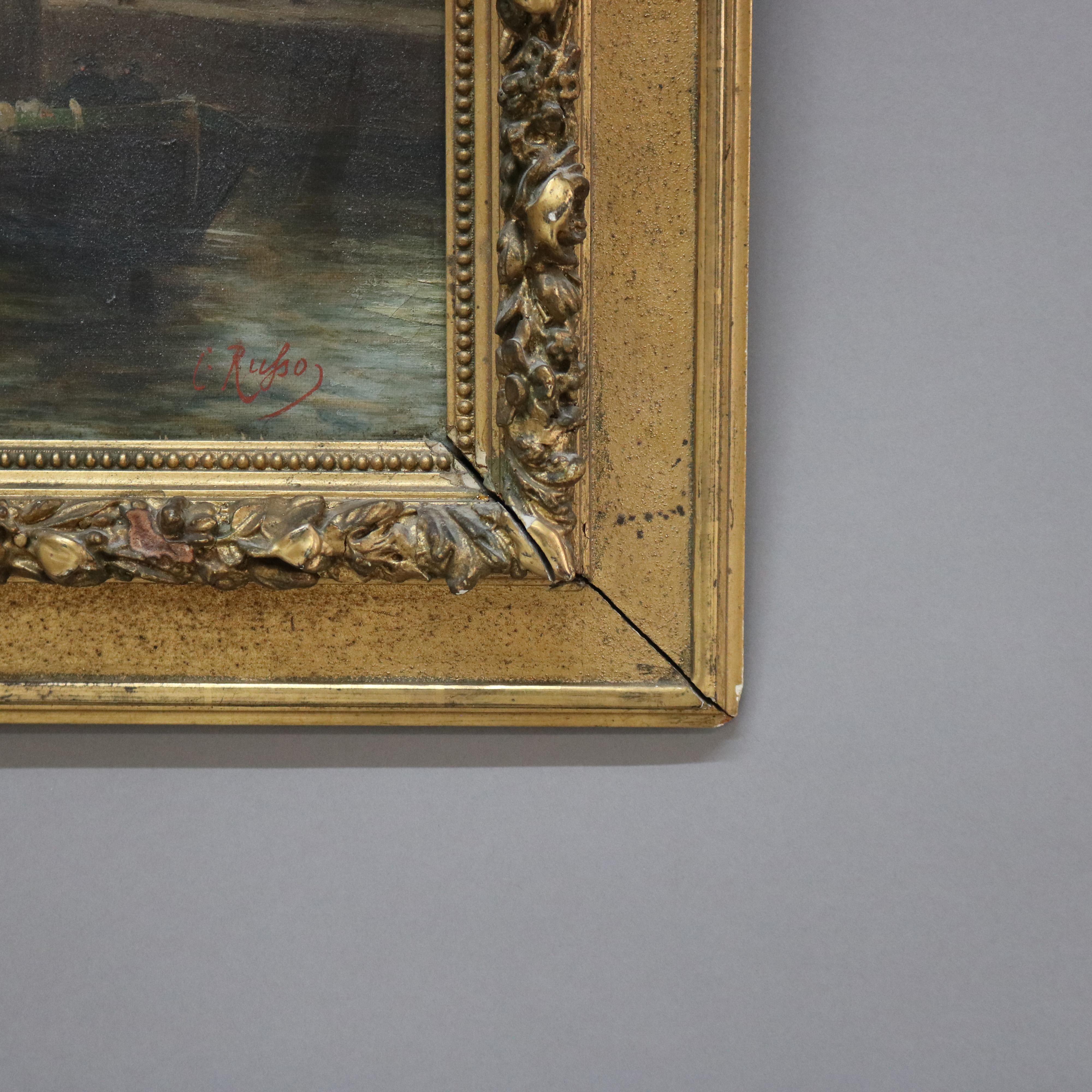 19th Century Antique Venetian Oil on Canvas Harbor Scene by C. Russo, Framed, C1890 For Sale