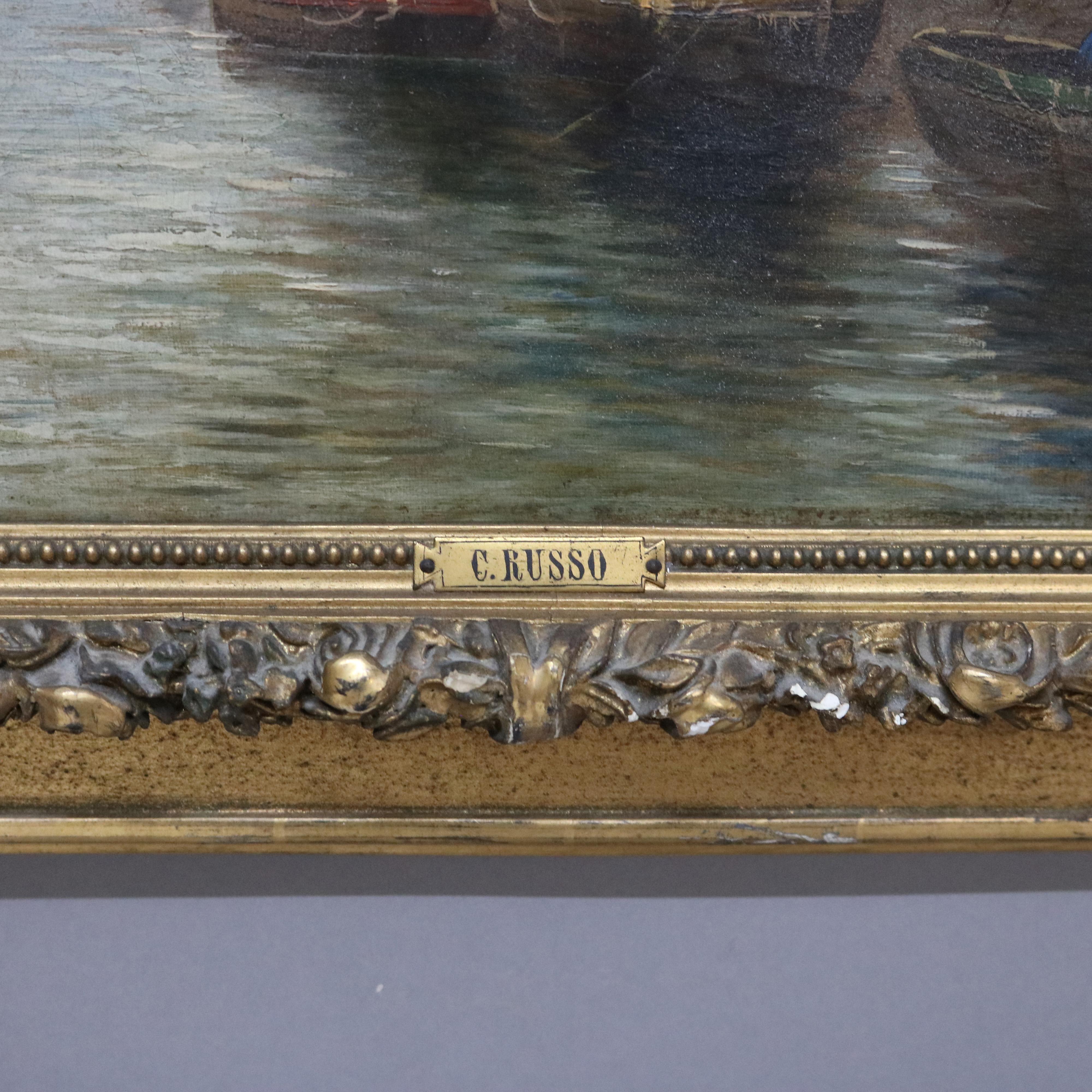 Antique Venetian Oil on Canvas Harbor Scene by C. Russo, Framed, C1890 For Sale 5