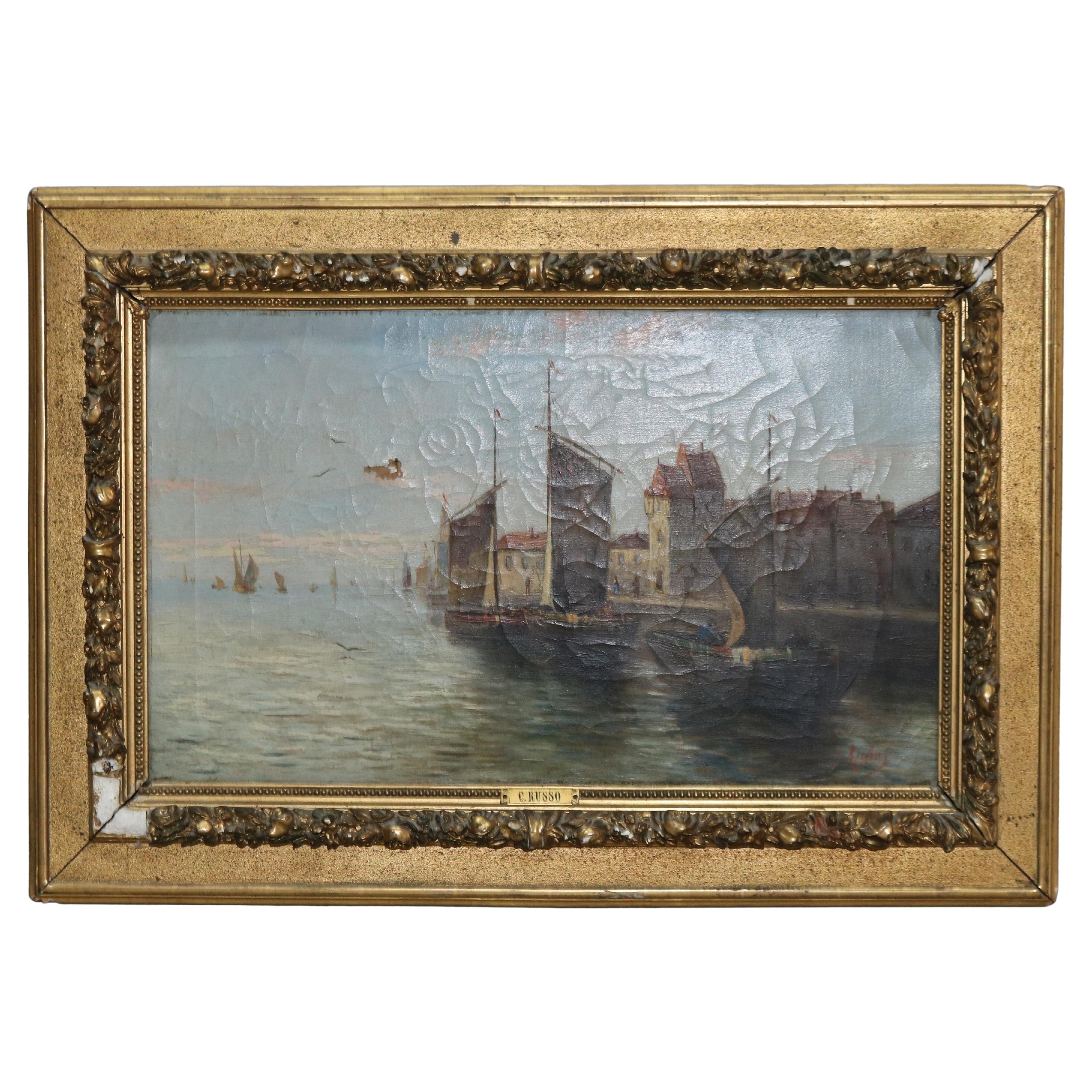Antique Venetian Oil on Canvas Harbor Scene by C. Russo, Framed, C1890